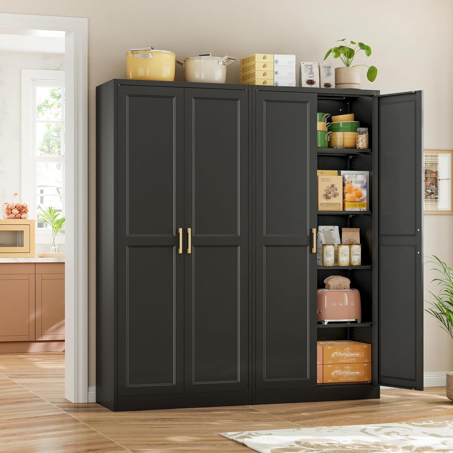 71' Tall Kitchen Storage Cabinet with Gold Handles, Metal Pantry Cabinets with 2 Doors, Food Pantry, Adjustable Shelves, Black Freestanding Pantry Cupboard for Dining, Kitchen, Living Room