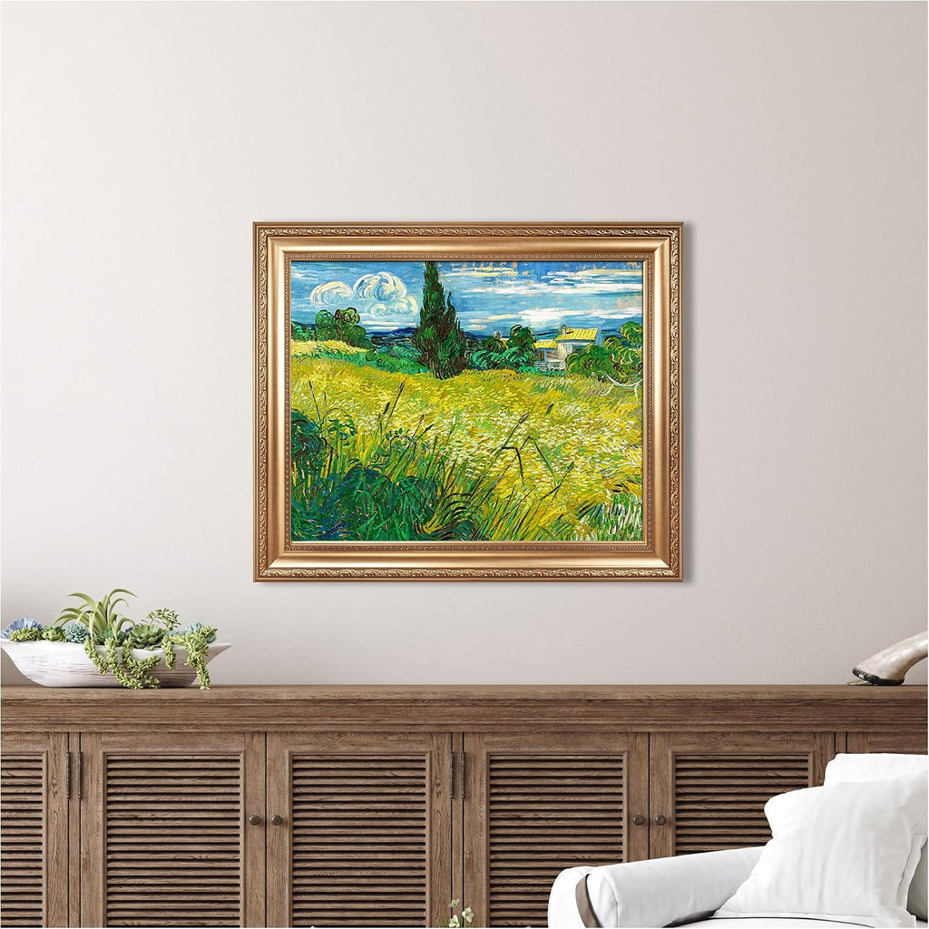 Green Wheat Field with Cypress by Vincent Van Gogh Framed Size:30x36 inches,Image Size:24x30 inches,Golden Frame The World Classic Art Reproductions,Wall Art for Home Decor