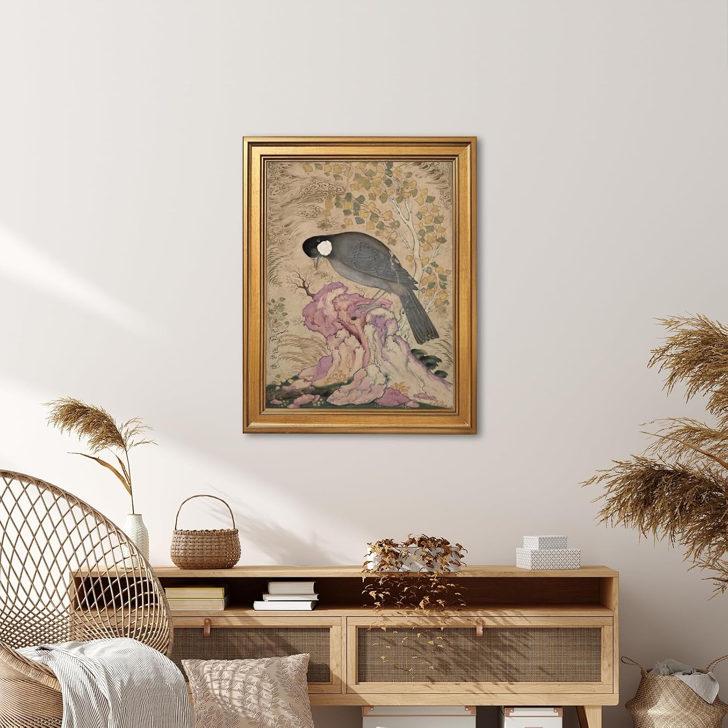 Classic Floral Wildlife Wall Art Vintage Academia Bird on Pink Rock Canvas Print Abstract Boho Nature Animal Posters for Office Bedroom Apartment Trendy Home Wall Decor-24x36inch Golden frame