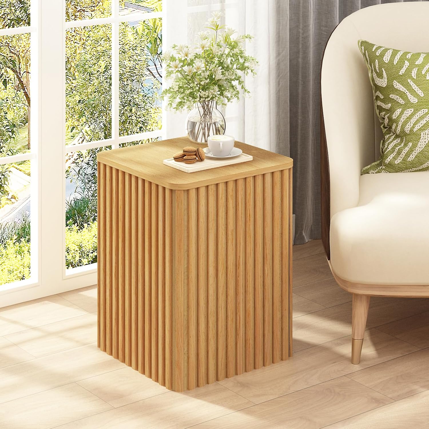 Set of 2 Fluted Side Table with Storage-Small Square End Table with Solid Wood Veneer Top, Accent Table Modern Farmhouse Pedestal Drink Table for Couch Sofa Living Room, Natural