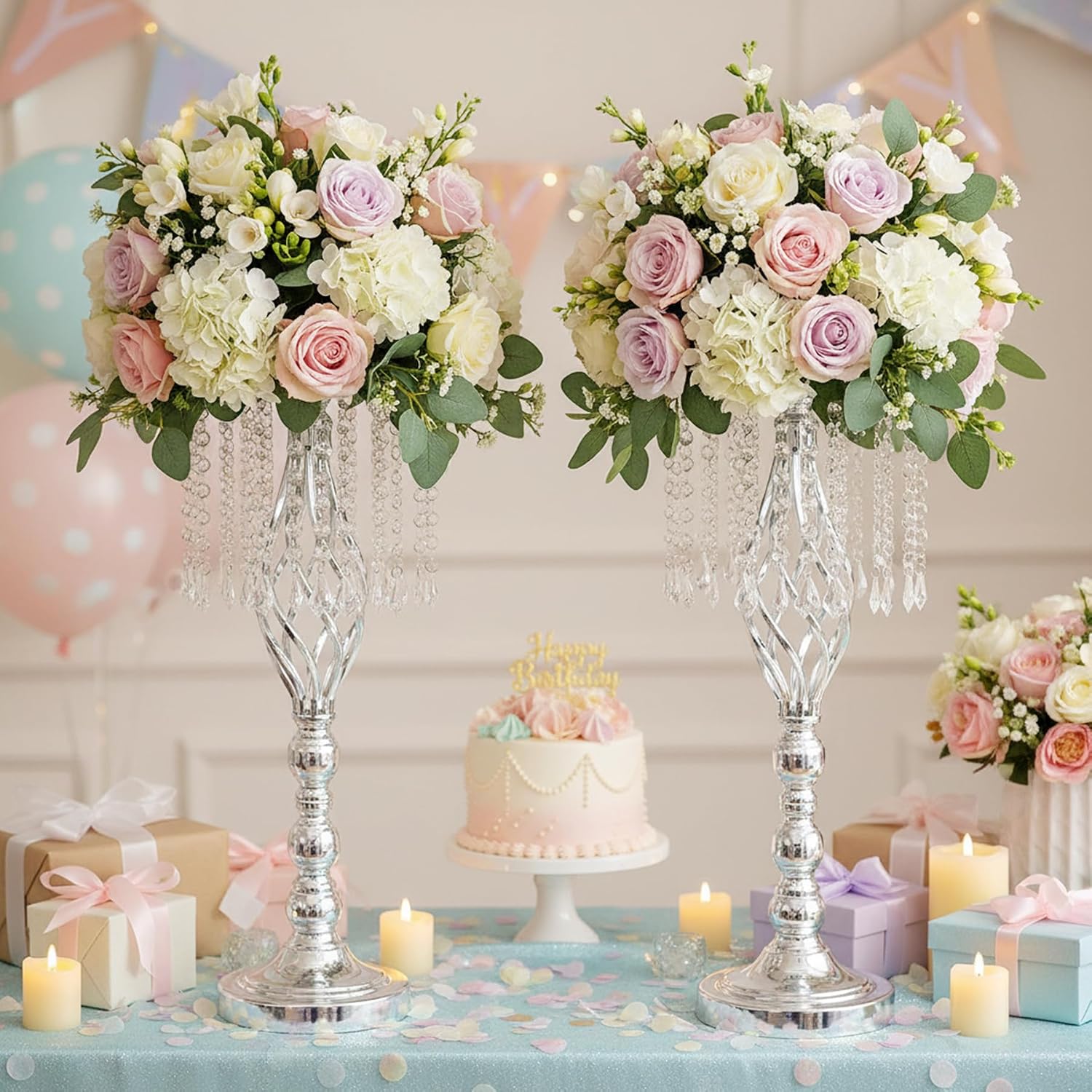Metal Flower Stands with Crystal Beads - Wedding Centerpieces for Table Decorations, Elegant Metal Flower Arrangement Stands, Flower Vases for Wedding Party Celebration Home Decor (Silver-10pcs)