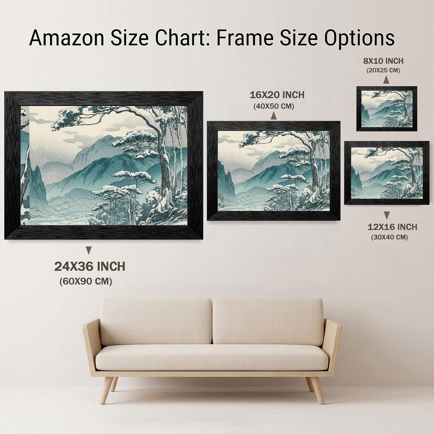 Framed Wall Art - Winter Mountain Pass Landscape in Black Frame - Japanese Woodblock Style Snowy Nature Print - Ready to Hang Home Decor - 24x36 Inch