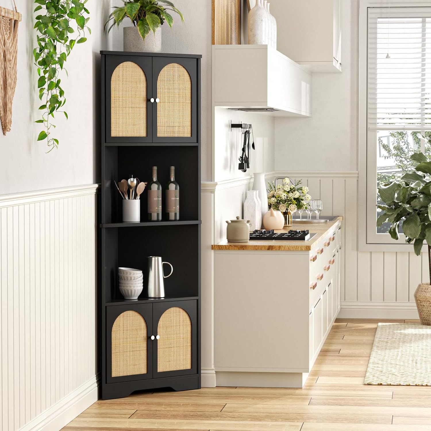 FiveWillowise 67''H Tall Corner Cabinet with Handmade Rattan Door, Rattan Storage Cabinet with Adjustable Shelves, Corner Bookshelf Space Saver for Barthroom, Kitchen, Living Room, Black