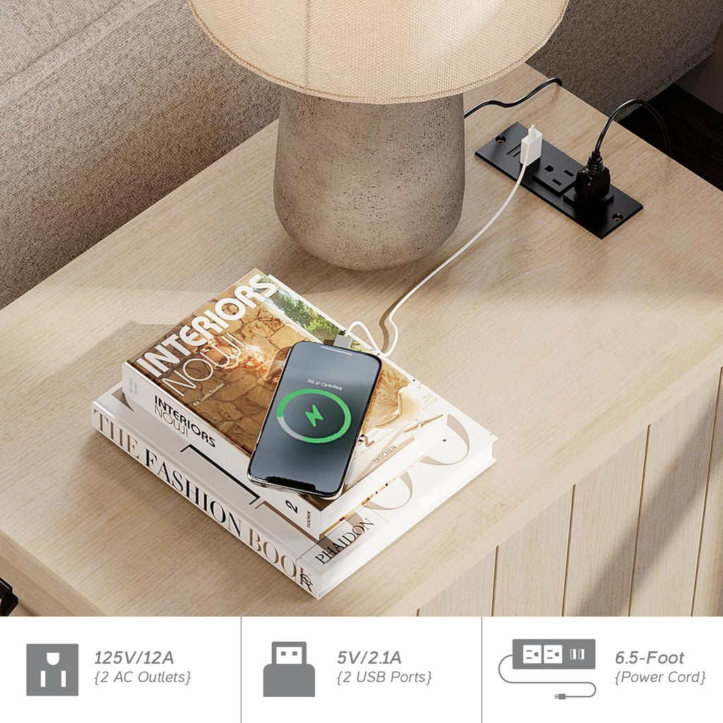 WAMPAT Beige End Table with Charging Station, Wooden Side Table with Storage Cabinet & Drawer, Elegant Nightstand with Power Outlets & USB Ports for Bedroom, Living Room