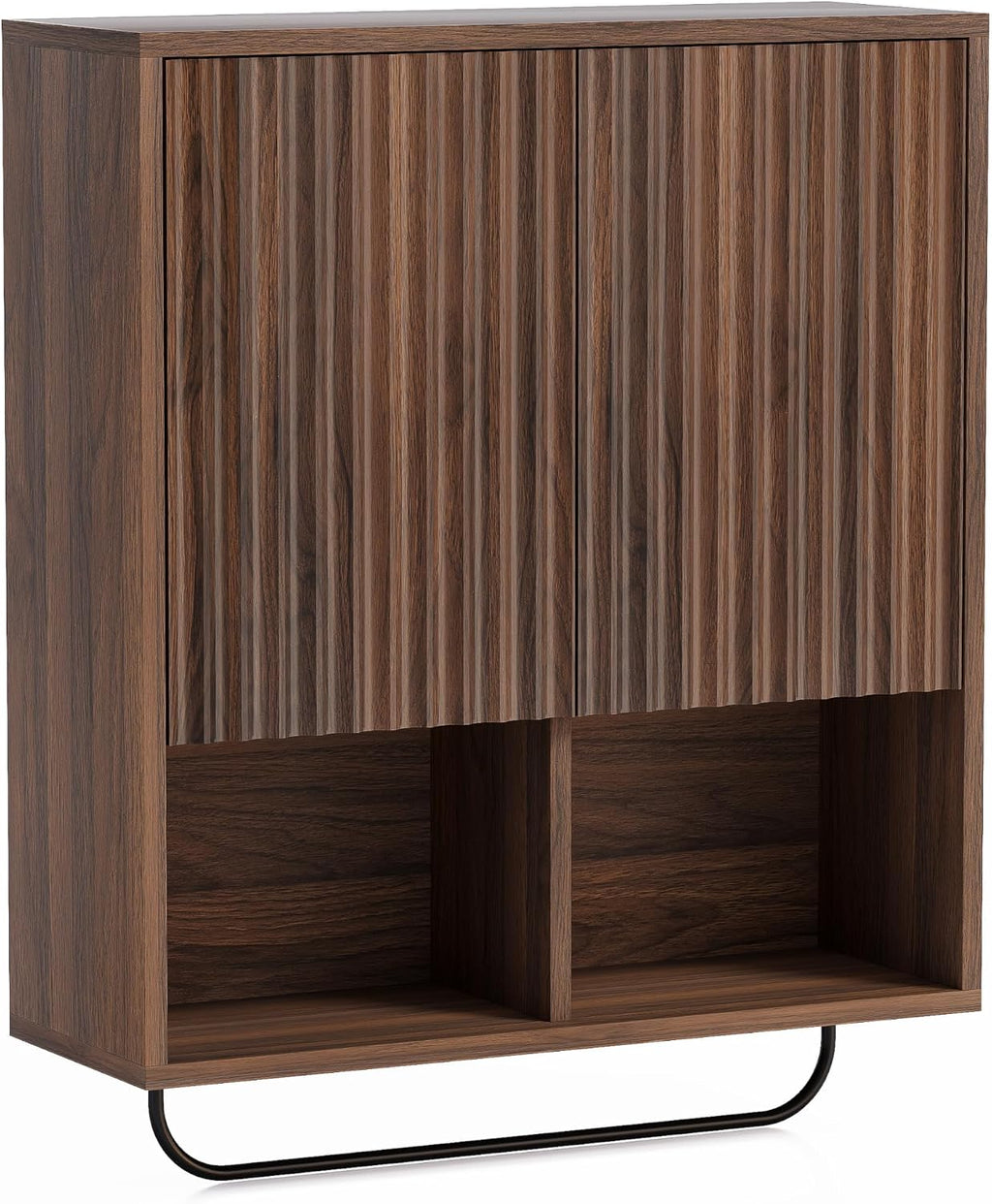 Fluted Wall Cabinets with Doors and Shelves Set of 2, Modern Medicine Cabinet Bathroom Adjustable Shelf Towel Rack Wood Storage Cabinet for Kitchen Dining Room Living Room, Brown