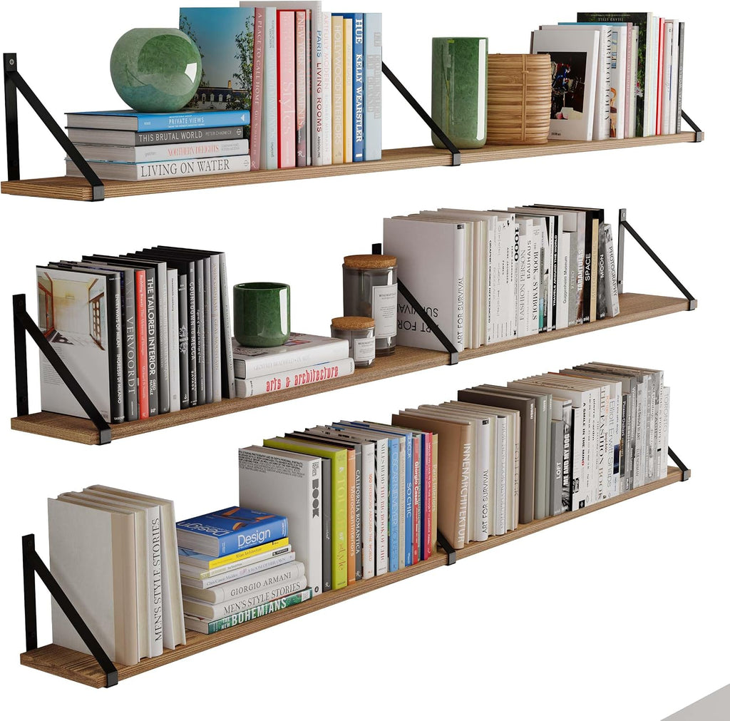 Wallniture Bora 60' x 6' Rustic Floating Shelves for Wall, Shelves for Bedroom, Office & Kitchen Storage Shelf, Wall Bookshelf, Set of 3, Burnt, Wood