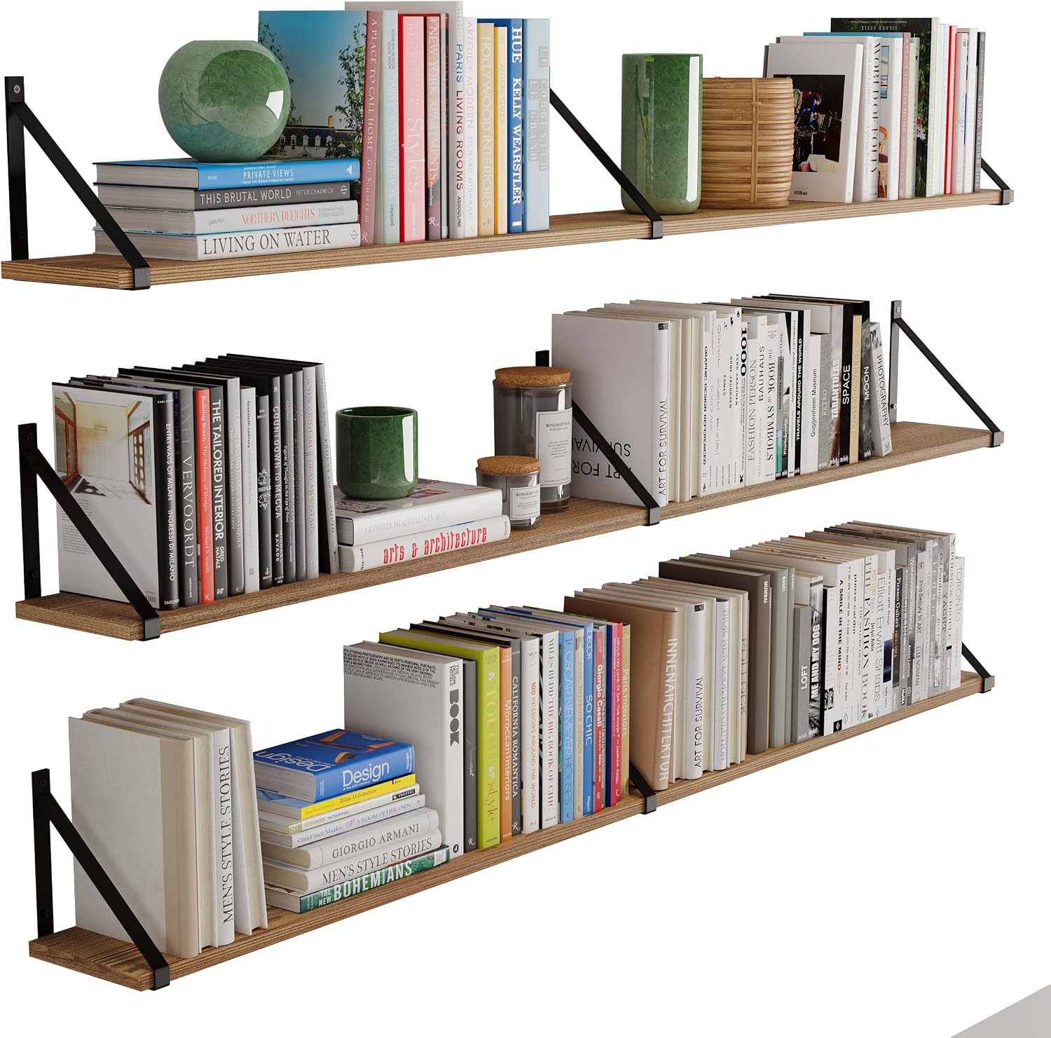 Wallniture Bora 60' x 6' Rustic Floating Shelves for Wall, Shelves for Bedroom, Office & Kitchen Storage Shelf, Wall Bookshelf, Set of 3, Burnt, Wood