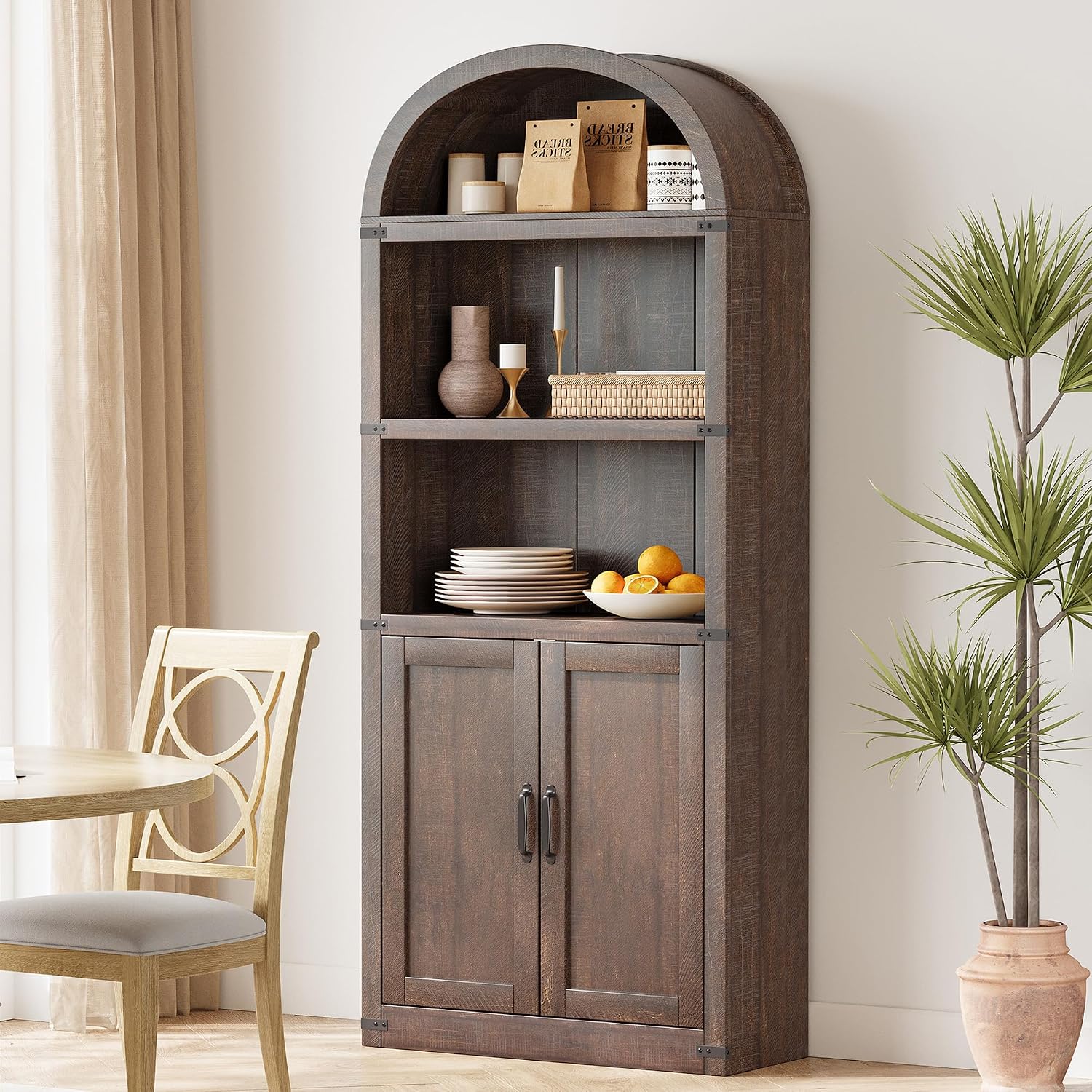 GarveeHome Bookcase with Doors Arched Bookshelf 71.65in Tall Bookcase Farmhouse Cabinet with Shelves Wooden Bookshelves for Home Office, Living Room (Reddish-Brown)