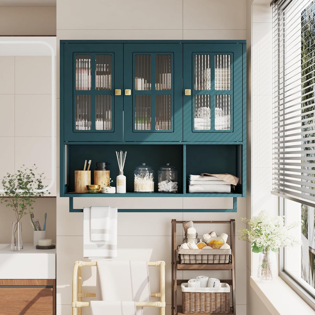 Polibi Wall Cabinet with Fluted Glass, Modern Wall-Mounted Storage with Towel Bar, Removable Shelves, Minimalist Design for Entryway Living Room Bathroom Dining Room, Easy Assembly, Dark Green