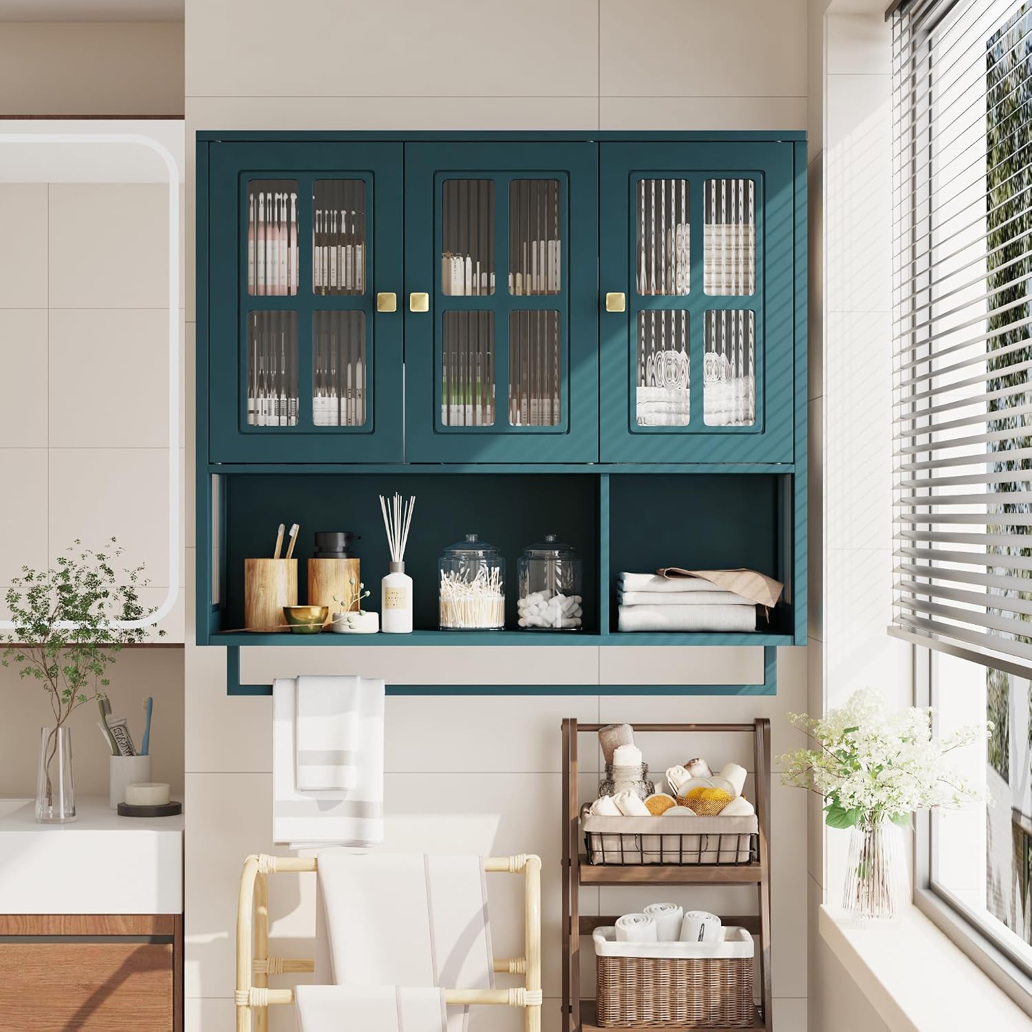 Polibi Wall Cabinet with Fluted Glass, Modern Wall-Mounted Storage with Towel Bar, Removable Shelves, Minimalist Design for Entryway Living Room Bathroom Dining Room, Easy Assembly, Dark Green