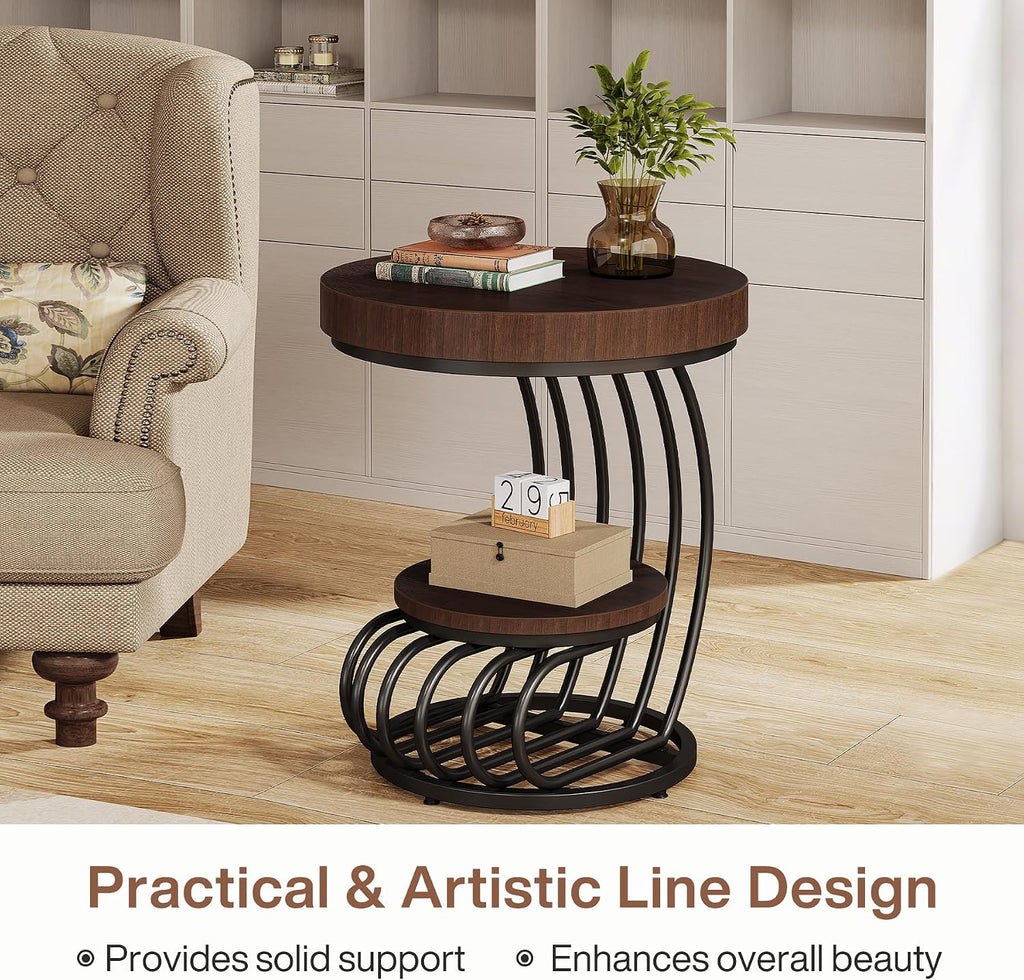 Tribesigns Round End Table, 2-Tier Farmhose Wood Side Table with Shelf Storage, Small Sofa Side Bedside Nightstand, Arc-Shaped Frame Accent Furniture for Living Room, Rustic Brown
