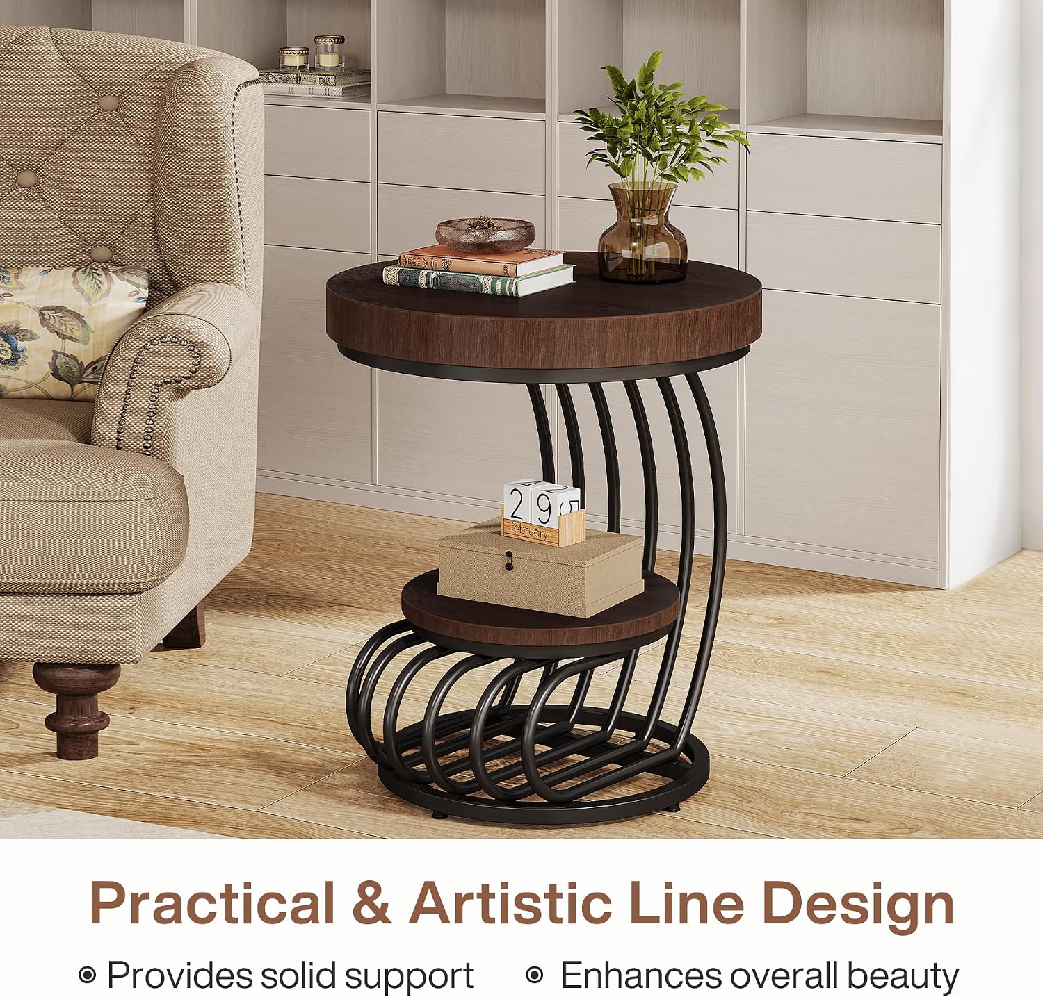 Tribesigns Round End Table, 2-Tier Farmhose Wood Side Table with Shelf Storage, Small Sofa Side Bedside Nightstand, Arc-Shaped Frame Accent Furniture for Living Room, Rustic Brown