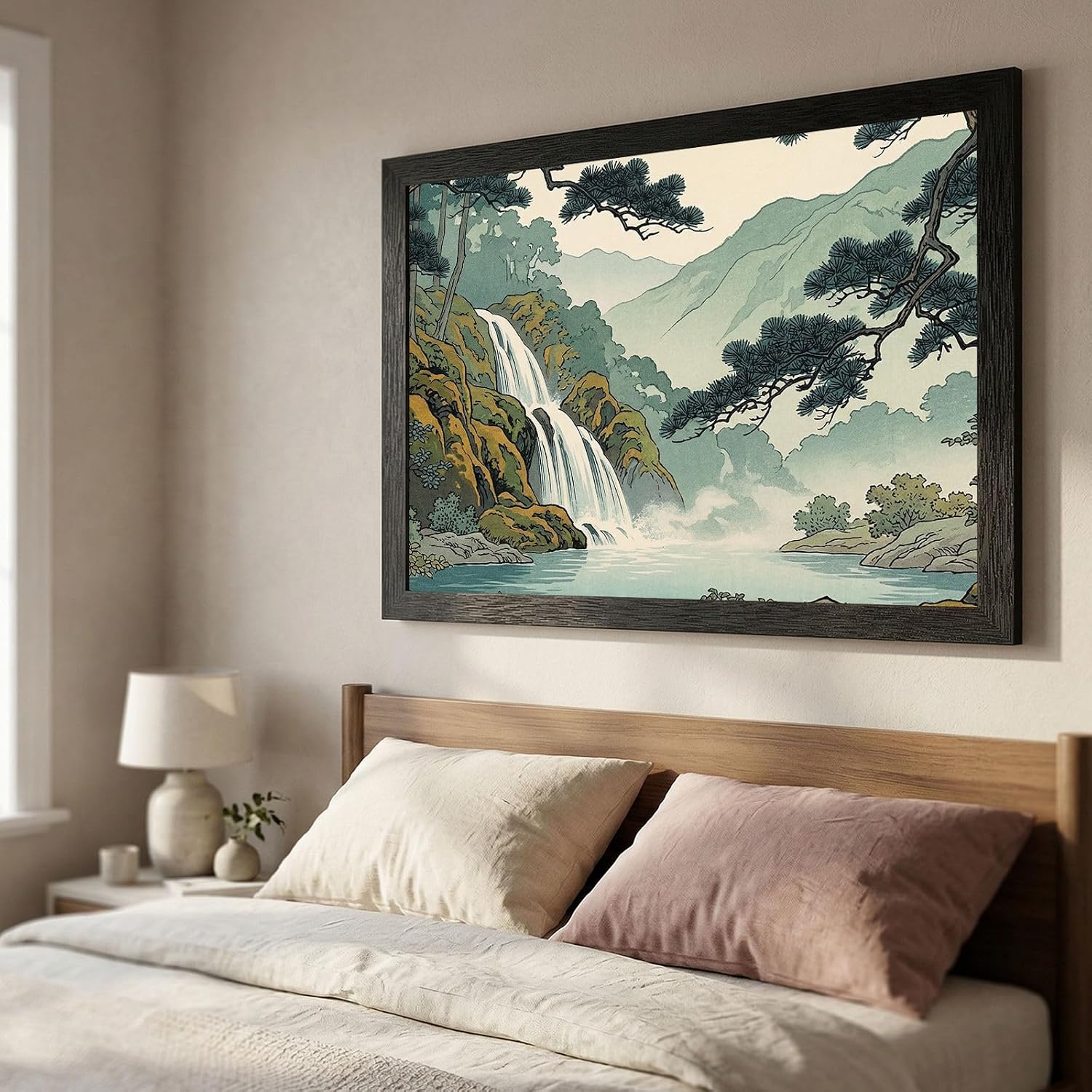 Framed Japanese Woodblock Style Waterfall Wall Art - Mist Forest Landscape in Premium Black Frame - Ready to Hang Nature Decor for Home and Office - 24x36 Inch