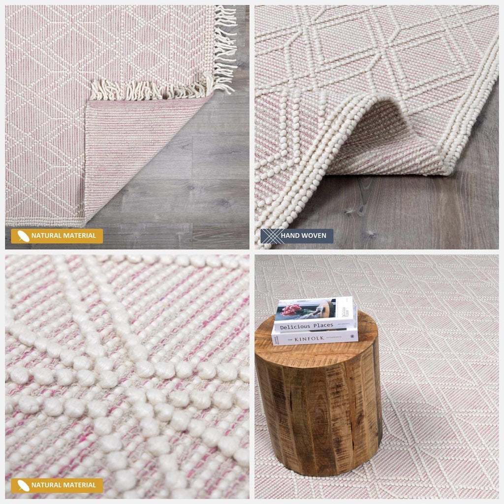 BoutiqueRugs Pink Trellis Transitional Wool 10ft Runner Rug Hand Woven Ivory Diamond Traditional Ramsbury Hallway Kitchen Corridor Stairway Laundry Room 2'6' x 10' Stain Resistant Non-Shedding