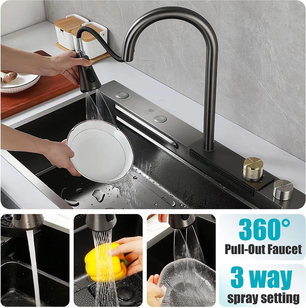JATIBOSH Stainless Steel Kitchen Sink Single Bowl Sink with Drain Tray Drop in Undermount Handmade Rectangle Workstation Sink with Cutting Board (Color : BK, Size : 68x45CM)
