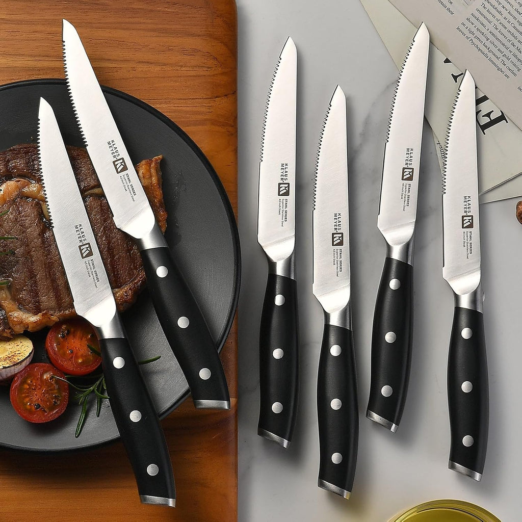 Klaus Meyer 19-Piece Knife Block Set with Sharpener, High Carbon German Stainless Steel (Stahl), Full-Tang Handles, Kitchen Knife Set (Black)