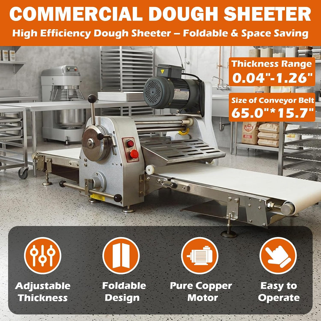 TECHTONGDA Commercial Dough Sheeter Laminated Dough Sheeter Fondant Flattener Pastry Sheeter Countertop Pizza Pasta Press Machine with 65x15.7' Conveyor Belt Professional Bakery Equipment