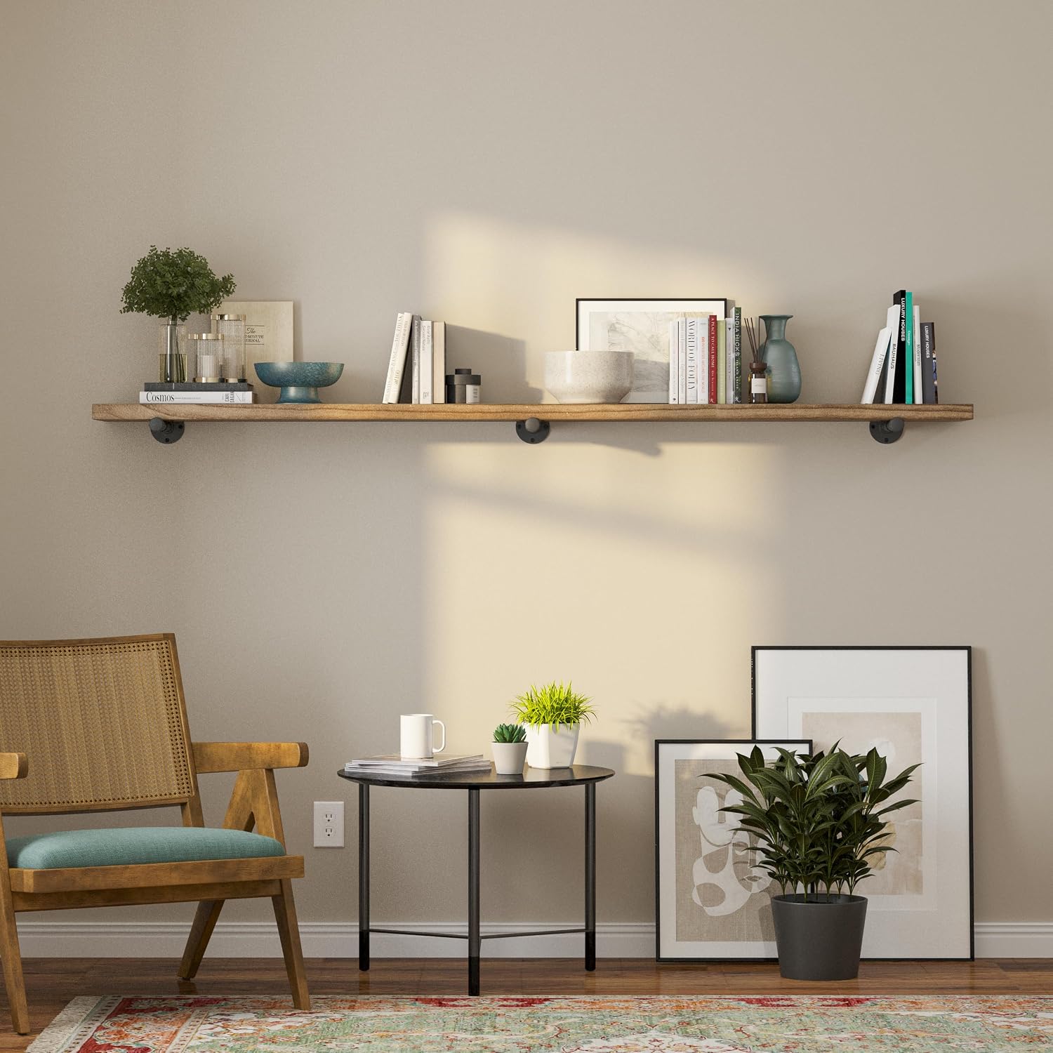 Wallniture Burnt Finish Pipe Wall Shelf - 9.25'' Deep, 1.5'' Thick Solid Wood, Lengths: 48', 60', 72', 84' - Includes Pipe Brackets (84'')