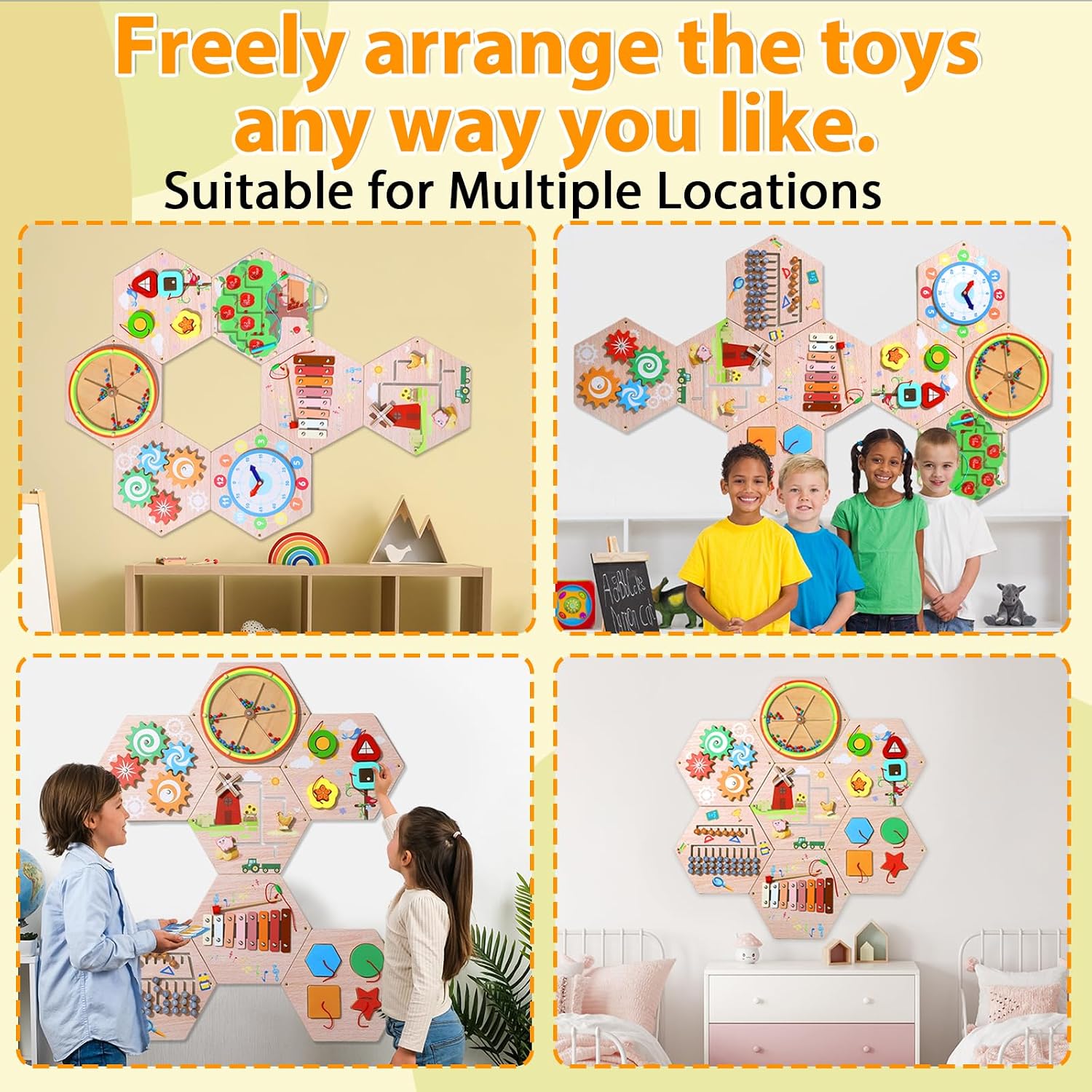 9Pcs Hexagon Activity Wall Busy Board Panels, Wooden Sensory Wall Panel for Kids, Montessori Learning Activity Center, Educational Toys for Toddler Playroom Daycare Nursery Classroom Birthday Gifts