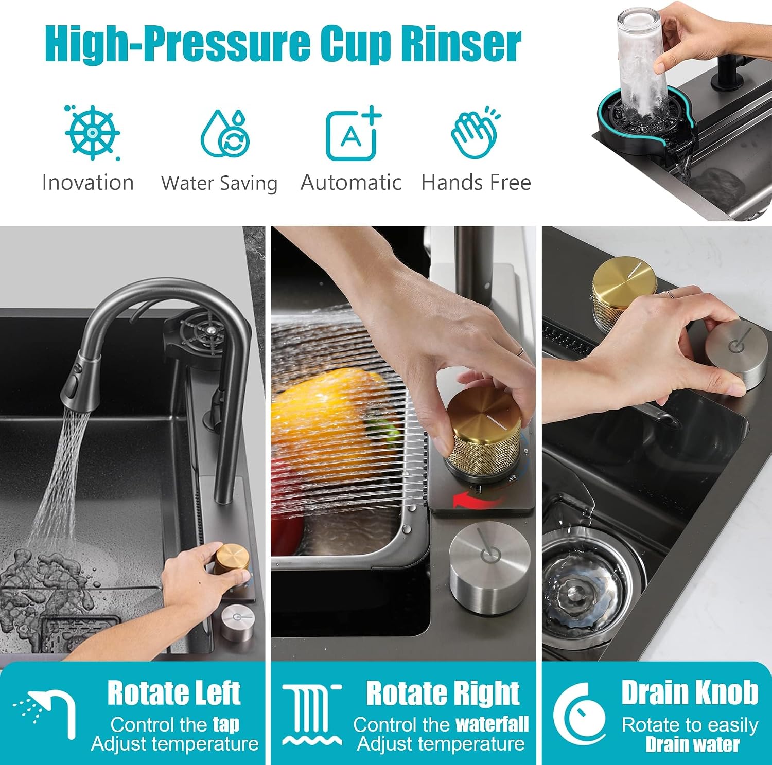 JATIBOSH Stainless Steel Raindance Waterfall Kitchen Sink Set Single Bowl Sink Workstation, with Vegetable Basin,Pull-Out Faucet, and Pressurized Cup Washer (Color : BK, Size : 68x45CM)