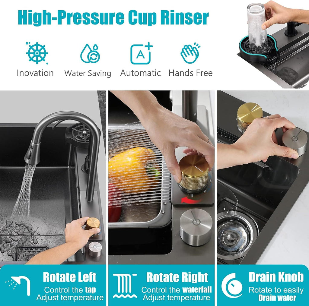 JATIBOSH Kitchen Sink,Flying Rain Waterfall Stainless Steel Sink, Drop in Workstation Single Bowl Sink, with Pressurized Cup Washer (Color : BK, Size : 68x45CM)