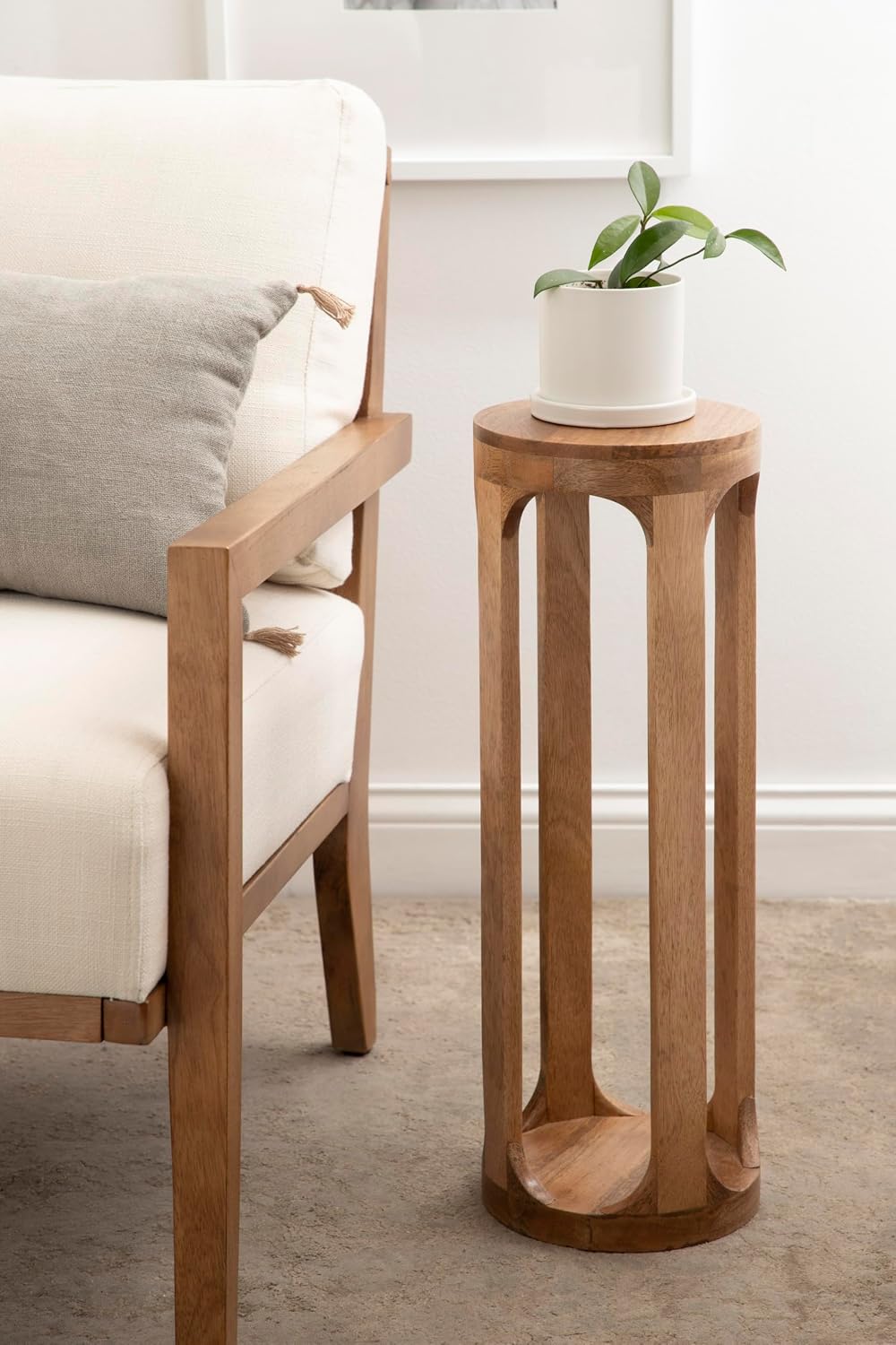 Kate and Laurel Dahl Wooden Round Drink Table; 8 x 23; Natural Brown; Transitional Boho Circle Wood Accent Pedestal Table for Living Room Plant Stand or Small Bedroom Nightstand