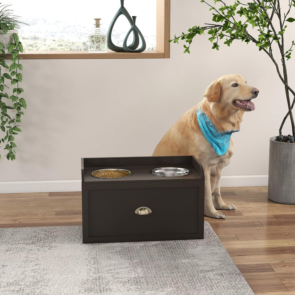 Dog Feeding Station with Storage Drawer, Dog Food Storage Cabinet with 2 Removable Elevated Dog Bowls for Large Sized Dogs, Coffee