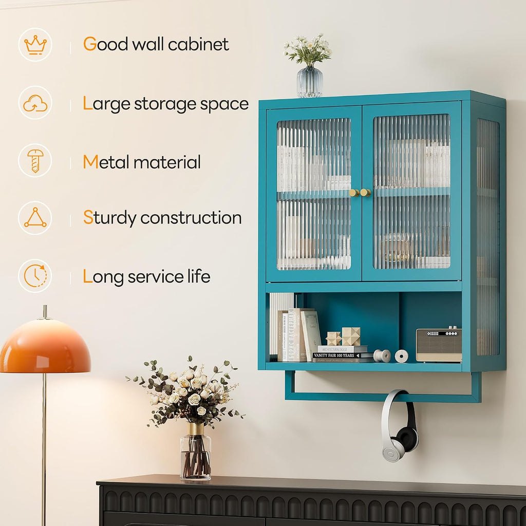 Bathroom Wall Cabinet with 2 Glass Door, Bathroom Medicine Cabinet with Towels Bar and Shelves, Over The Toilet Storage Cabinet, Metal Wall Mounted Cabinet for Kitchen (Blue)
