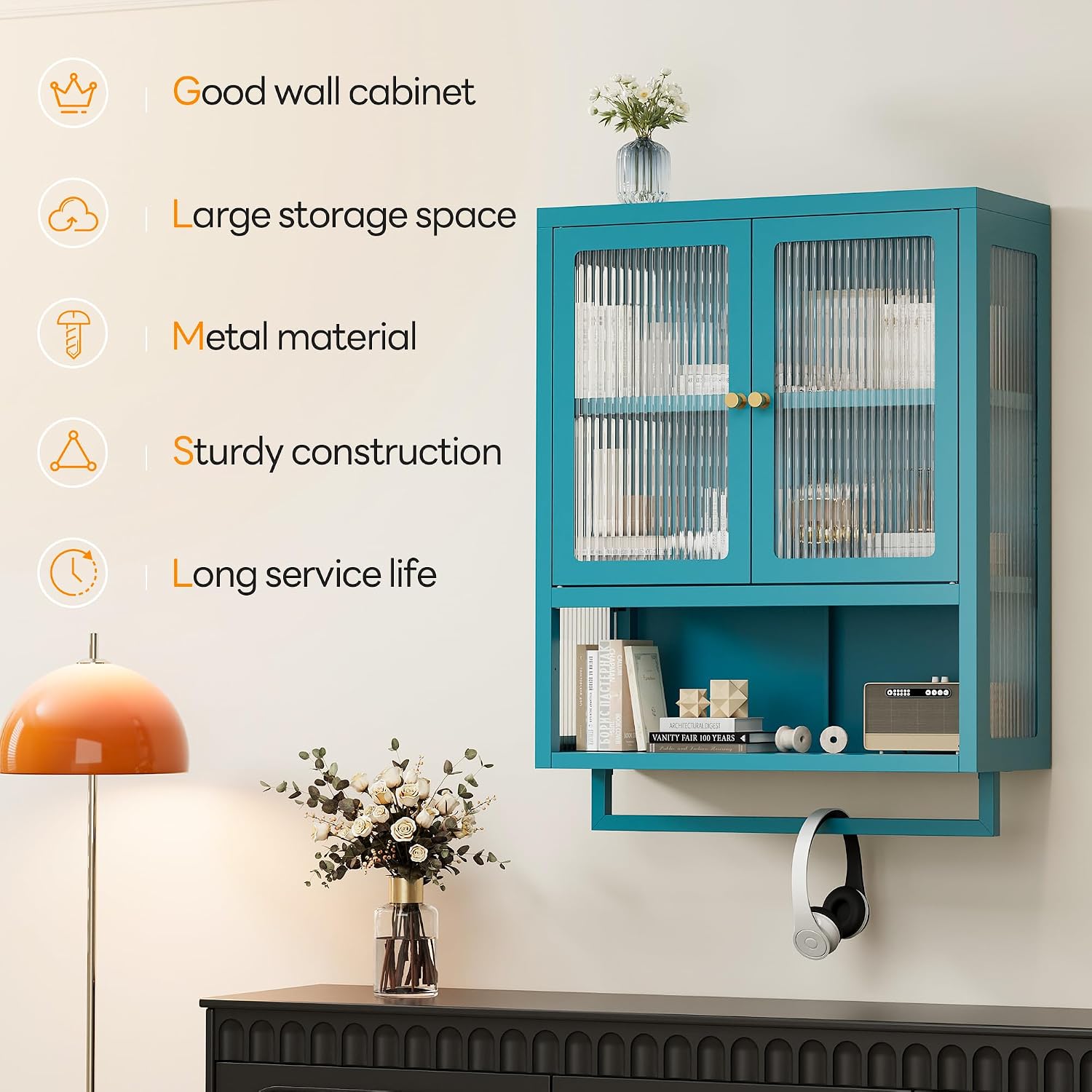 Bathroom Wall Cabinet with 2 Glass Door, Bathroom Medicine Cabinet with Towels Bar and Shelves, Over The Toilet Storage Cabinet, Metal Wall Mounted Cabinet for Kitchen (Blue)