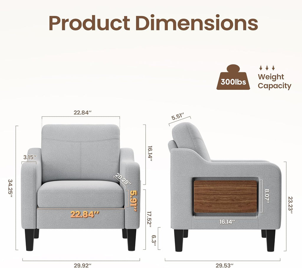 Accent Chair for Living Room Modern Linen Upholstered Armchair Side Wooden Fabric Sofa Chair with Foldable Table 2 Side Pockets Comfy Reading Chair for Bedroom