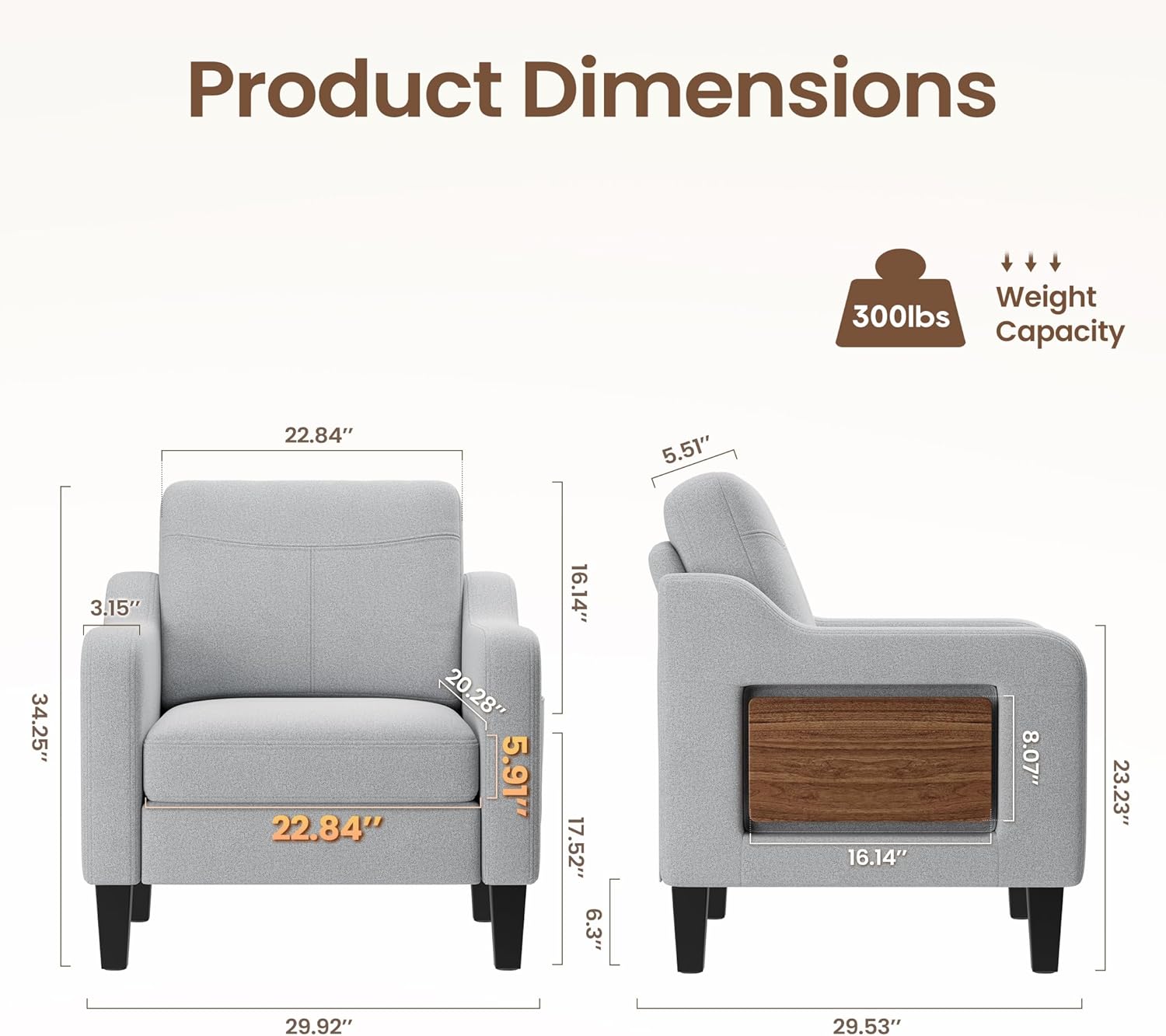 Accent Chair for Living Room Modern Linen Upholstered Armchair Side Wooden Fabric Sofa Chair with Foldable Table 2 Side Pockets Comfy Reading Chair for Bedroom