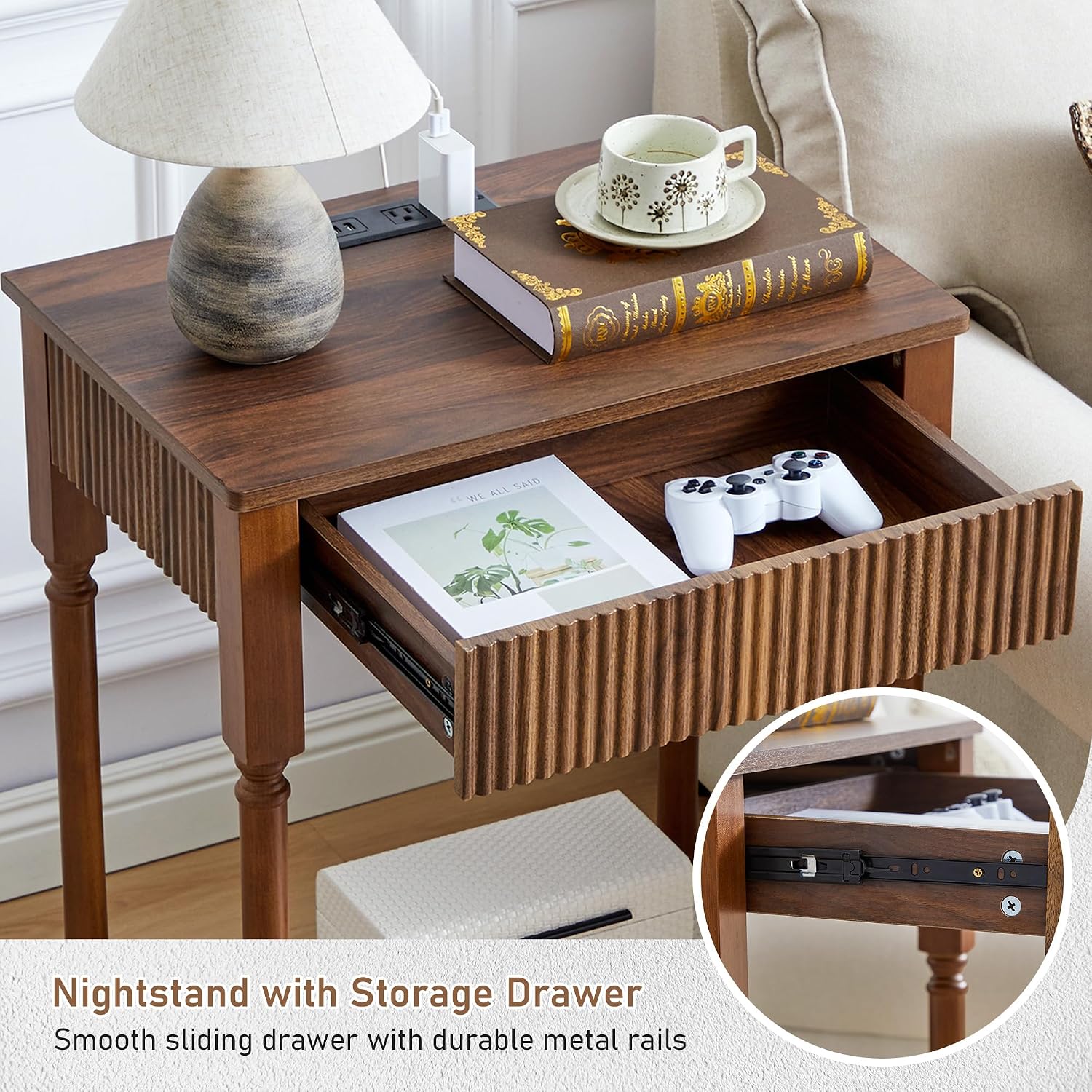 23.6' Large End Table with Charging Station, Set of 2, Modern Farmhouse Side Table with Drawer&Open Shelf, Fluted Wood Bedside Table Sofa Tables Night Stand for Bedroom Living Room Home Office,Walnut
