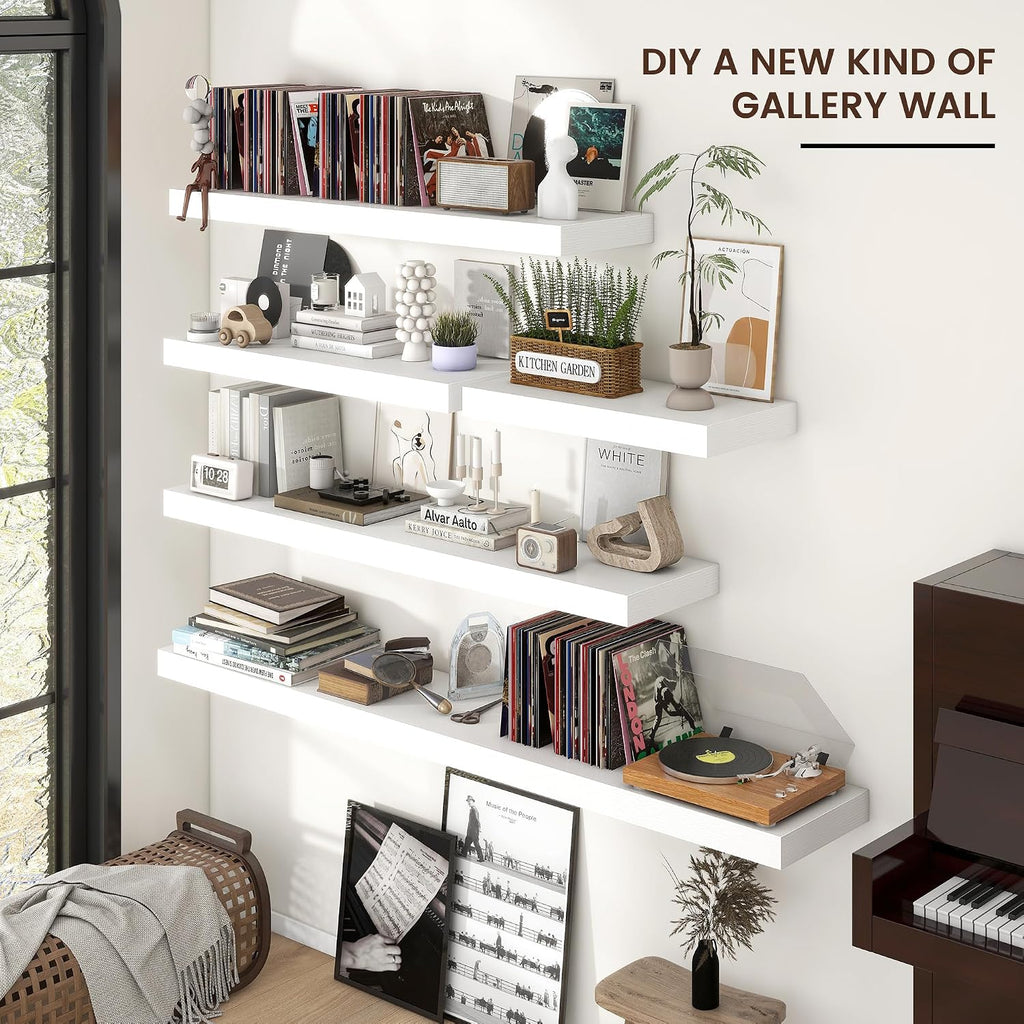 Venusmiles Floating Shelves for Wall, Engineered Wood Wall Shelves with Invisible Brackets for Living Room Bedroom Bathroom Office Kitchen Decor and Storage (White, 72' W x 9' D x 1.5' H) Set of 1