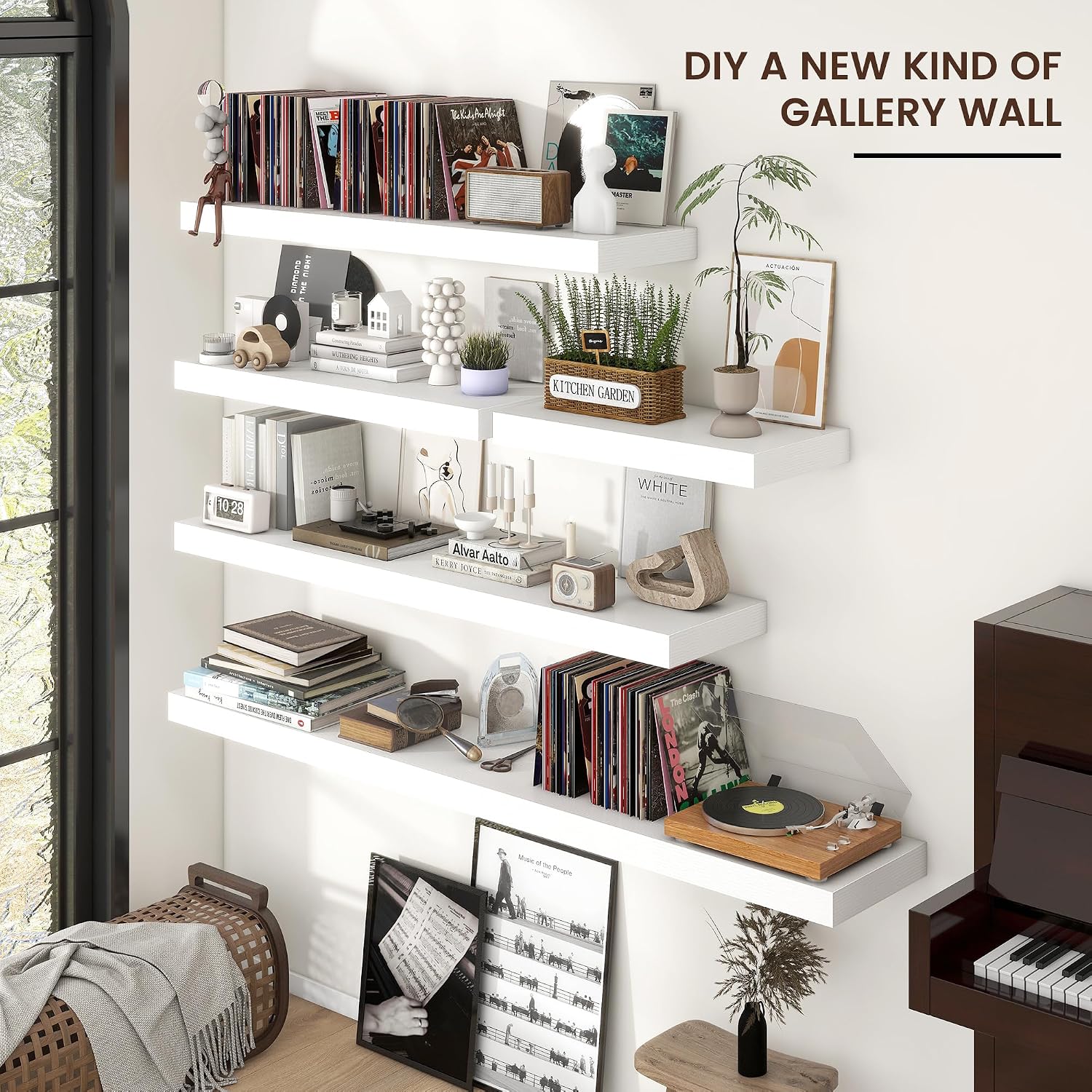 Venusmiles Floating Shelves for Wall, Engineered Wood Wall Shelves with Invisible Brackets for Living Room Bedroom Bathroom Office Kitchen Decor and Storage (White, 72' W x 9' D x 1.5' H) Set of 1
