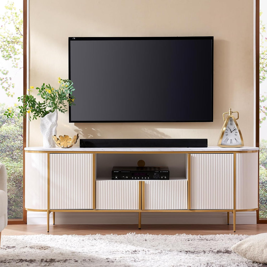 OKD 70' Fluted TV Stand with Storage, Faux Marble Top Entertainment Center for TVs Up to 80', Modern Curved Edge Media Console Cabinet for Living Room, Off White