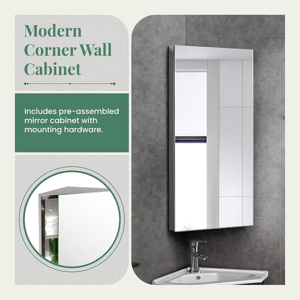 Renovator's Supply Corner Medicine Cabinet Stainless Steel Mirrored Door Polished Triple Shelf Wall Mount Rustproof,Silver