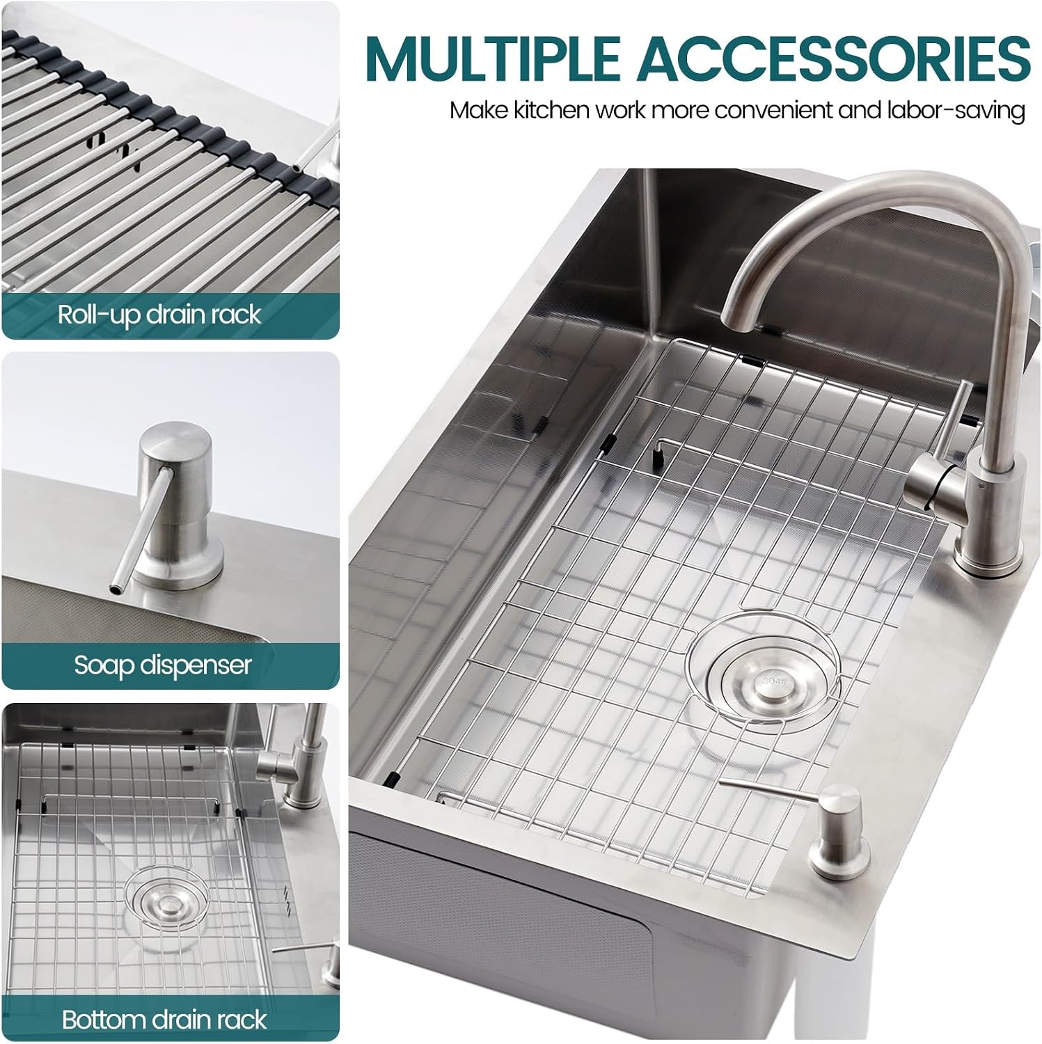 Large Kitchen Sink, With Drain Kits, 304 Stainless Steel, Heavy Duty Kitchen Bar Sink, Single Bowl Sink, For Drop In, Undermount(A,70x50x22cm)