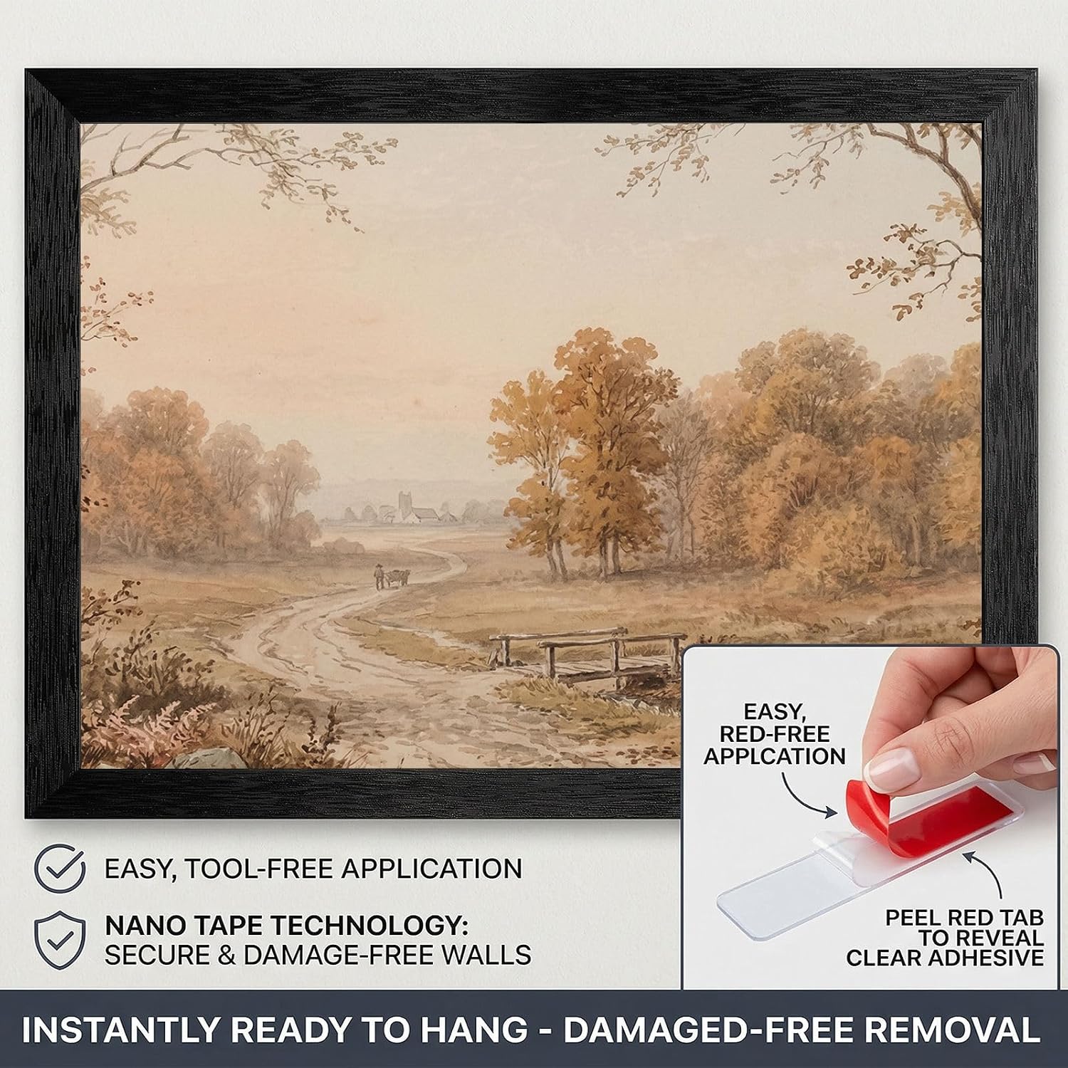 Framed Wall Art - 19th-Century Pastoral Landscape Watercolor Print in Black Frame - Autumn Forest and Nature Scene Decor for Living Room and Office - 24x36 Inch