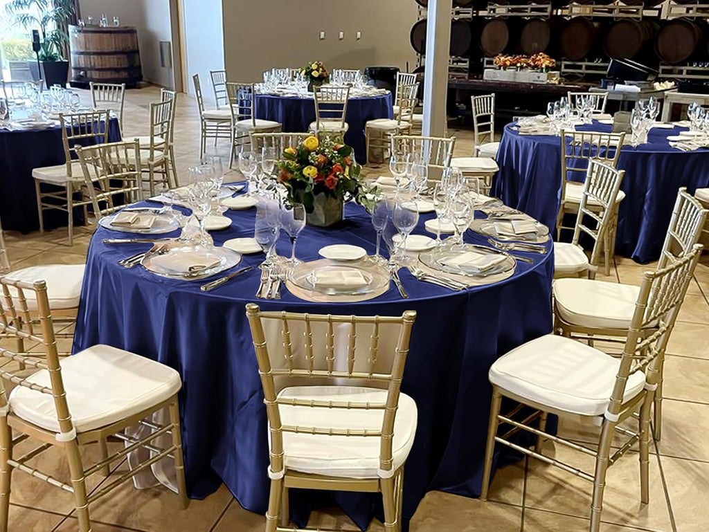 12 Pack 120 Inch Round Tablecloth, Navy Blue Satin Fabric Table Cloth for Round Tables, Wrinkle Resistant Washable TableCover Bright Silk Table Clothes for Wedding Party Dining Tables Banquet