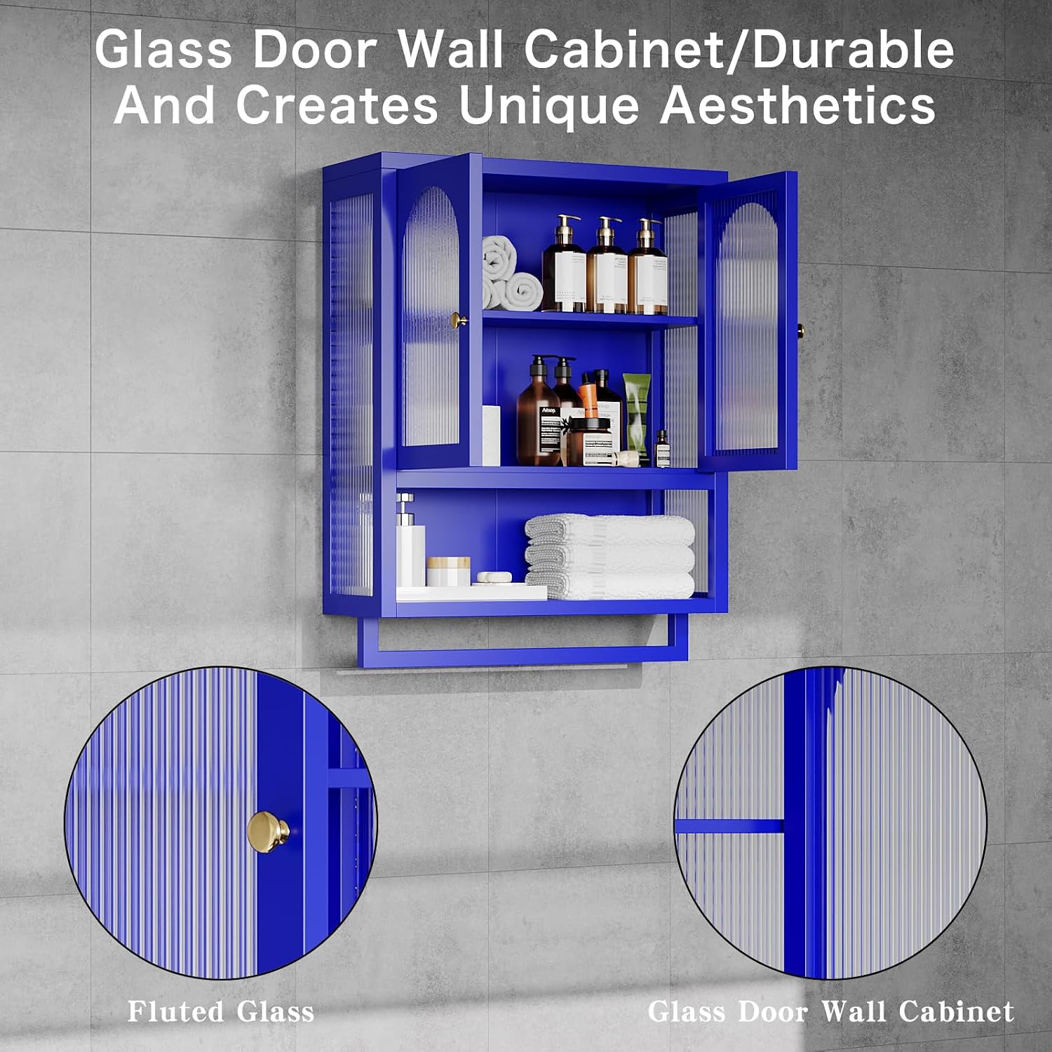 Modern Metal Wall Mount Bathroom Medicine Cabinet Above Toilet Storage with Fluted Glass Doors Towel Bar & Adjustable Shelves for Bathroom, Kitchen, Laundry Room, Dining Room, Blue