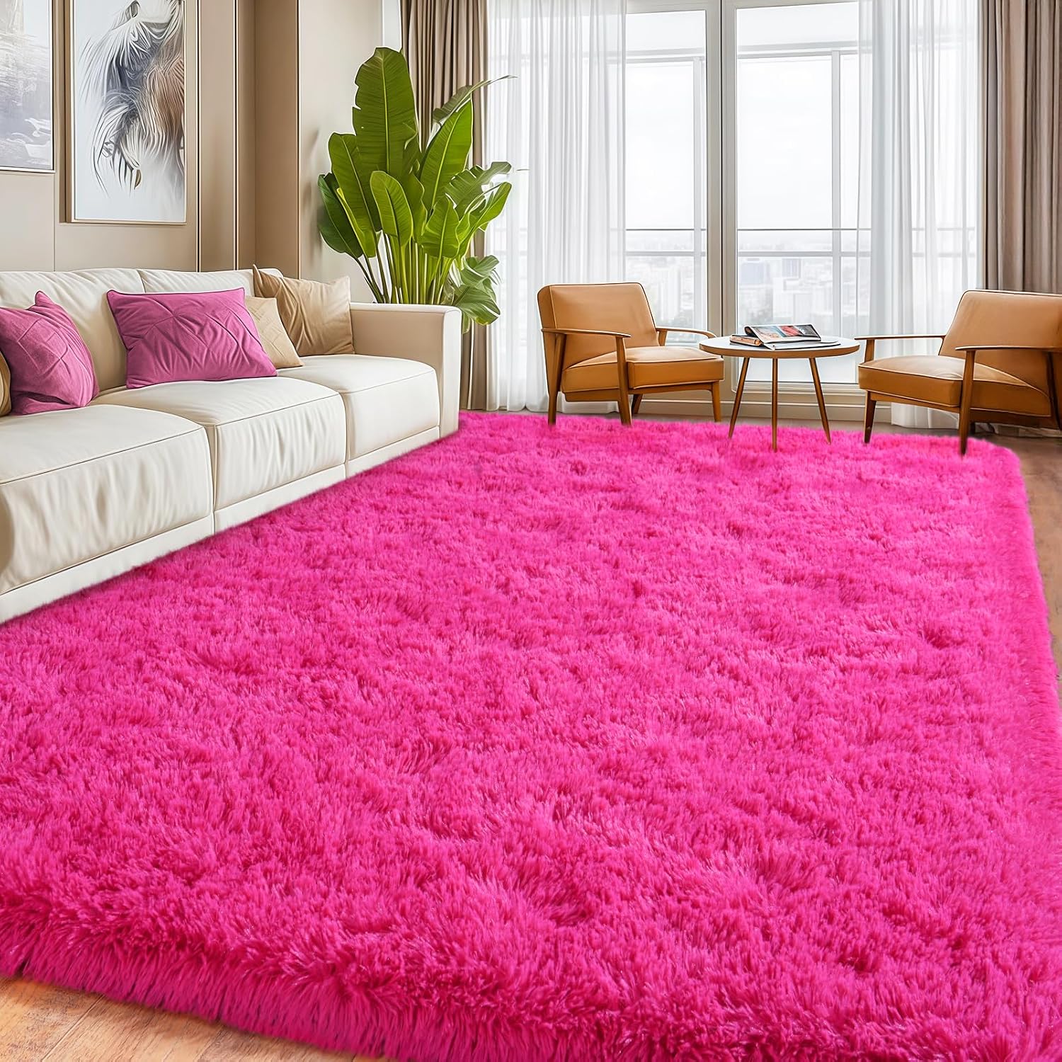 Extra Large 9x12 Feet Fuzzy Rug Hot Pink Fluffy Rug for Living Room, Big Plush Non-Skid Shag Carpet, Soft Shaggy Rugs for Bedroom Indoor Modern Home Decor
