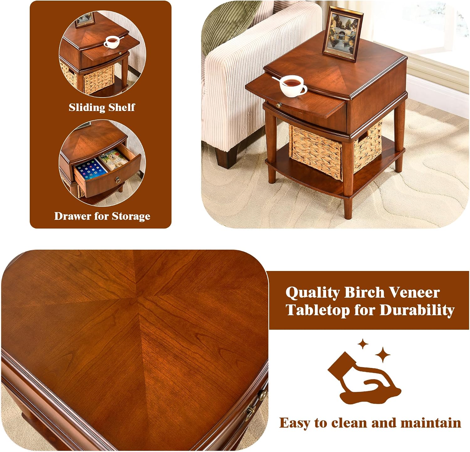 2 Tier Solid Wood Square End Table with Drawer, Wooden Sofa Side Table with Pull-Out Tray & Lower Shelf, Nightstand Bedside Table for Living Room Bedroom, 19.7x17.7x22.8in