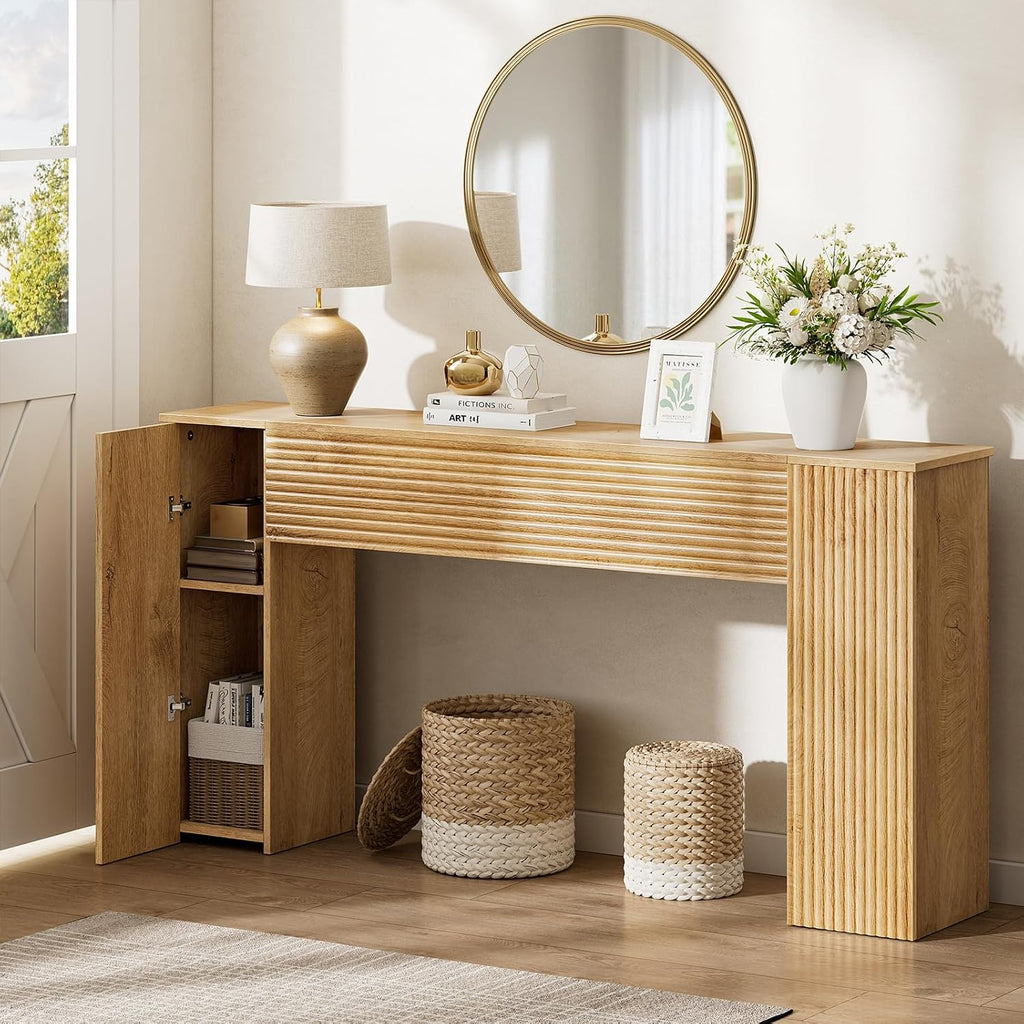 FABATO 61'' Fluted Long Console Table, Wooden Rectangular Sofa Table Behind The Couch, Narrow Entryway Table with 2 Hidden Storage Cabinets for Entrance, Hallway, Living Room, Foyer, Wood