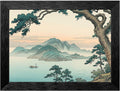 Framed Coastal Dawn Wall Art - Japanese Woodblock Style Pine Tree Seascape - Premium Black Frame - Ready to Hang 12x18 inch Decor for Home and Office - 24x36 Inch