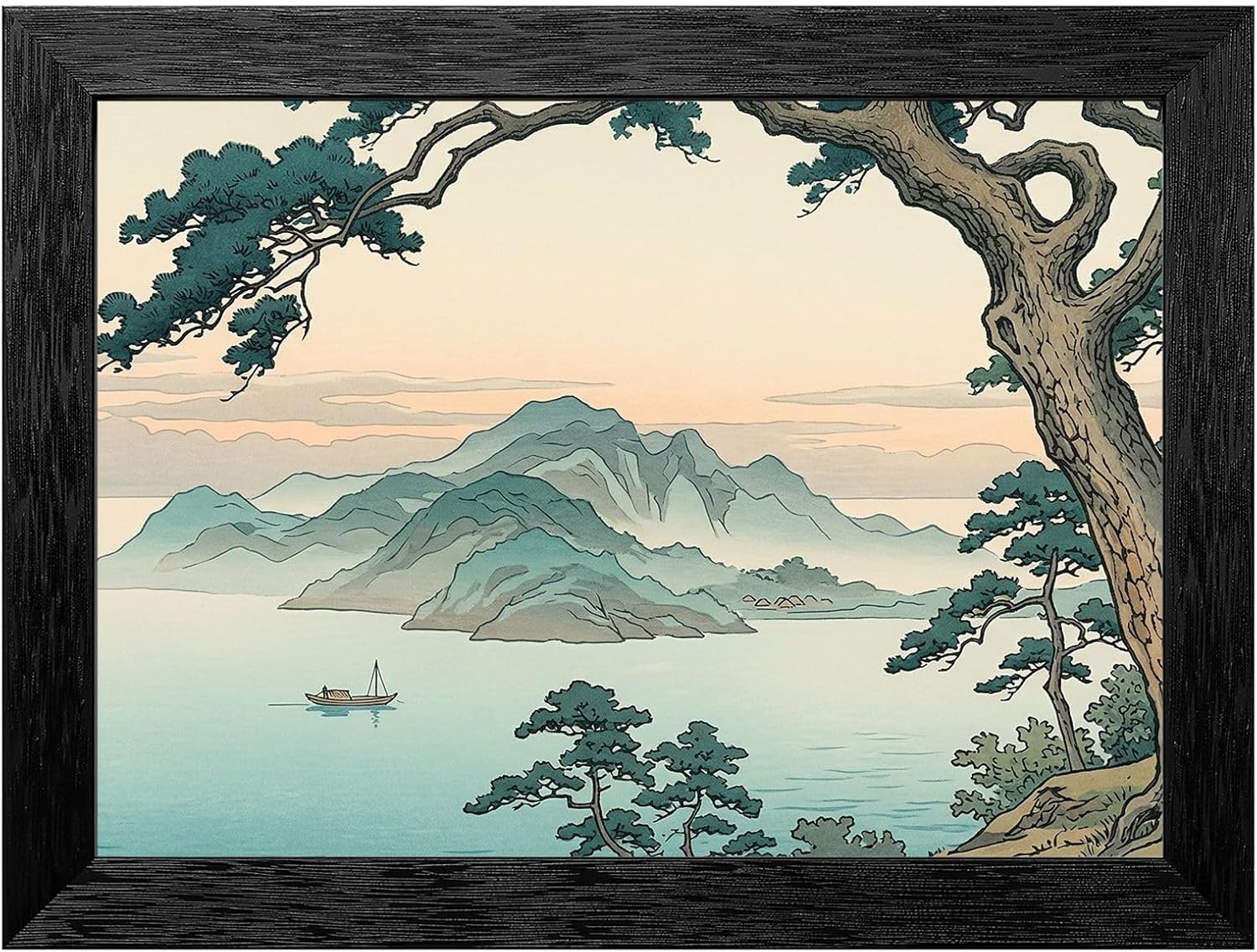 Framed Coastal Dawn Wall Art - Japanese Woodblock Style Pine Tree Seascape - Premium Black Frame - Ready to Hang 12x18 inch Decor for Home and Office - 24x36 Inch
