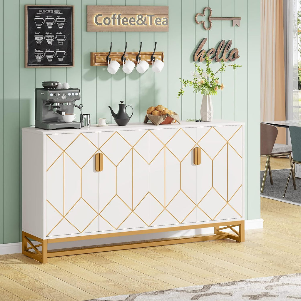 Tribesigns White Gold Storage Cabinet with Door and Adjustable Shelves for Living Room, Modern Floor Cabinets Long Sideboard Buffet Golden Coffee Bar with 4 Doors Metal Frame for Home Office Kitchen