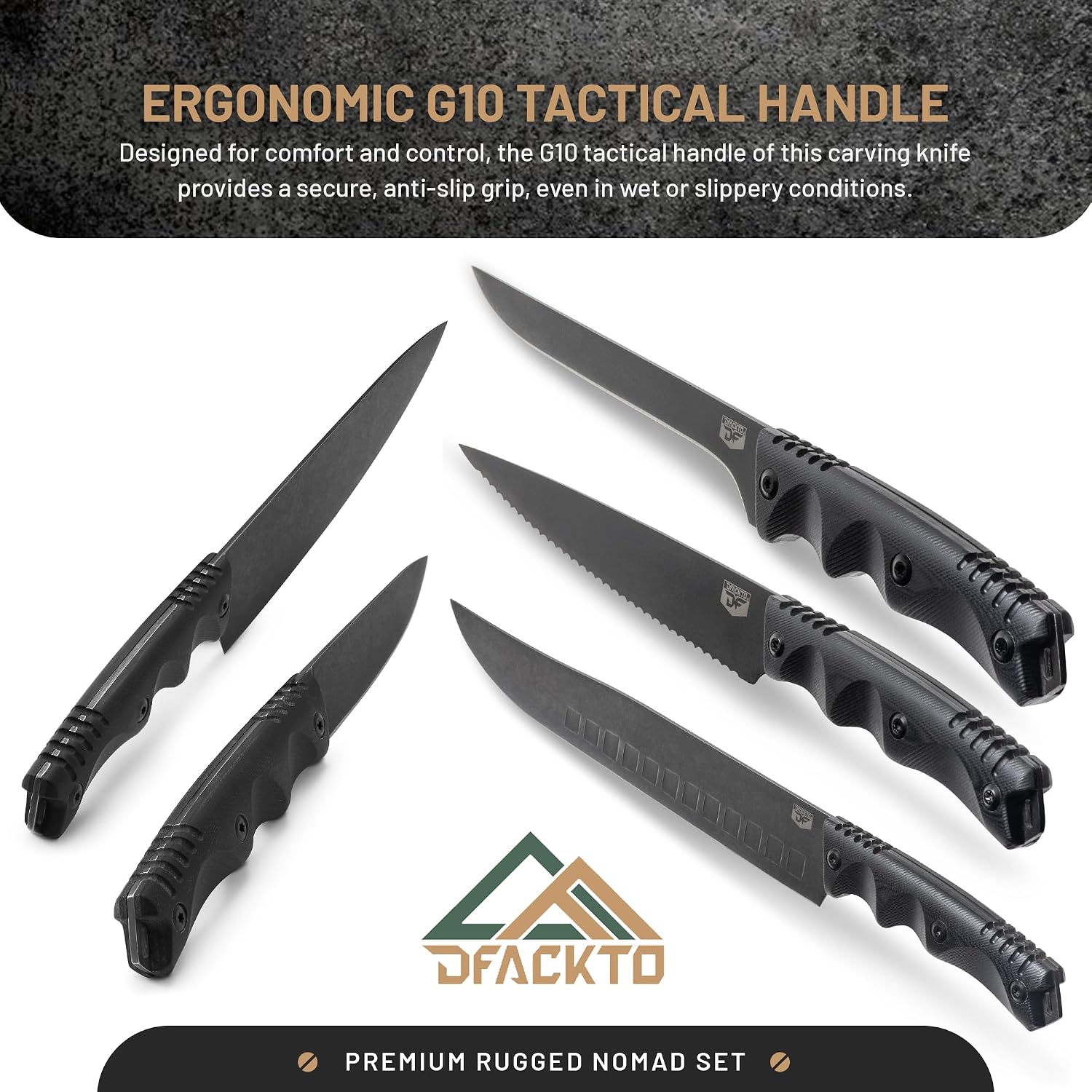 DFACKTO 16-PC Basecamp Tactical Chef Knife Set - Off Grid Camping & Cooking Knives for Combat Sustainability - G10, Full Tang, Sheaths, Black Travel Case