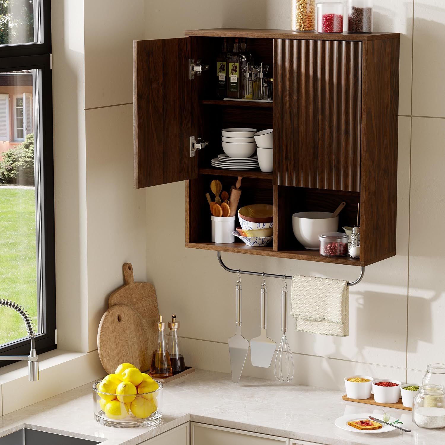 Fluted Wall Cabinets with Doors and Shelves Set of 2, Modern Medicine Cabinet Bathroom Adjustable Shelf Towel Rack Wood Storage Cabinet for Kitchen Dining Room Living Room, Brown