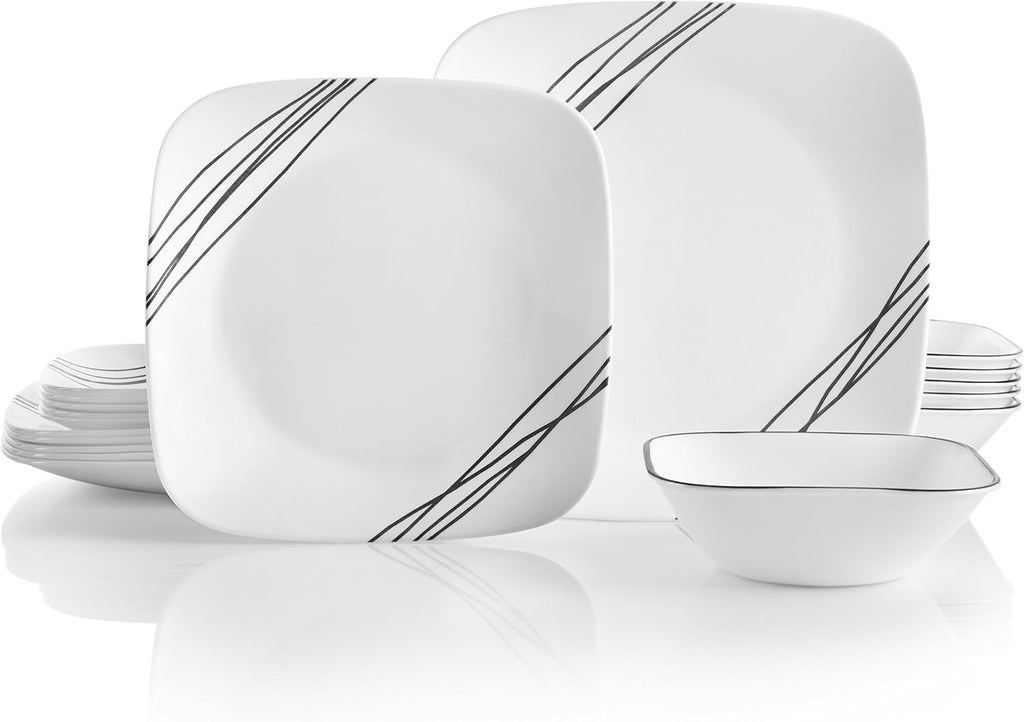 Corelle Vitrelle 18-Piece Service for 6 Dinnerware Set, Triple Layer Glass, Simple Sketch & Vitrelle 28-oz Soup/Cereal Bowls Set of 6, Winter Frost White