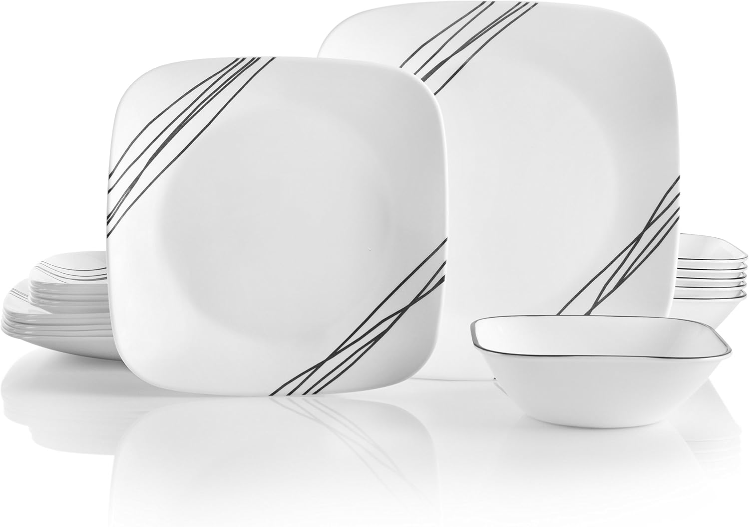 Corelle Vitrelle 18-Piece Service for 6 Dinnerware Set, Triple Layer Glass, Simple Sketch & Vitrelle 28-oz Soup/Cereal Bowls Set of 6, Winter Frost White
